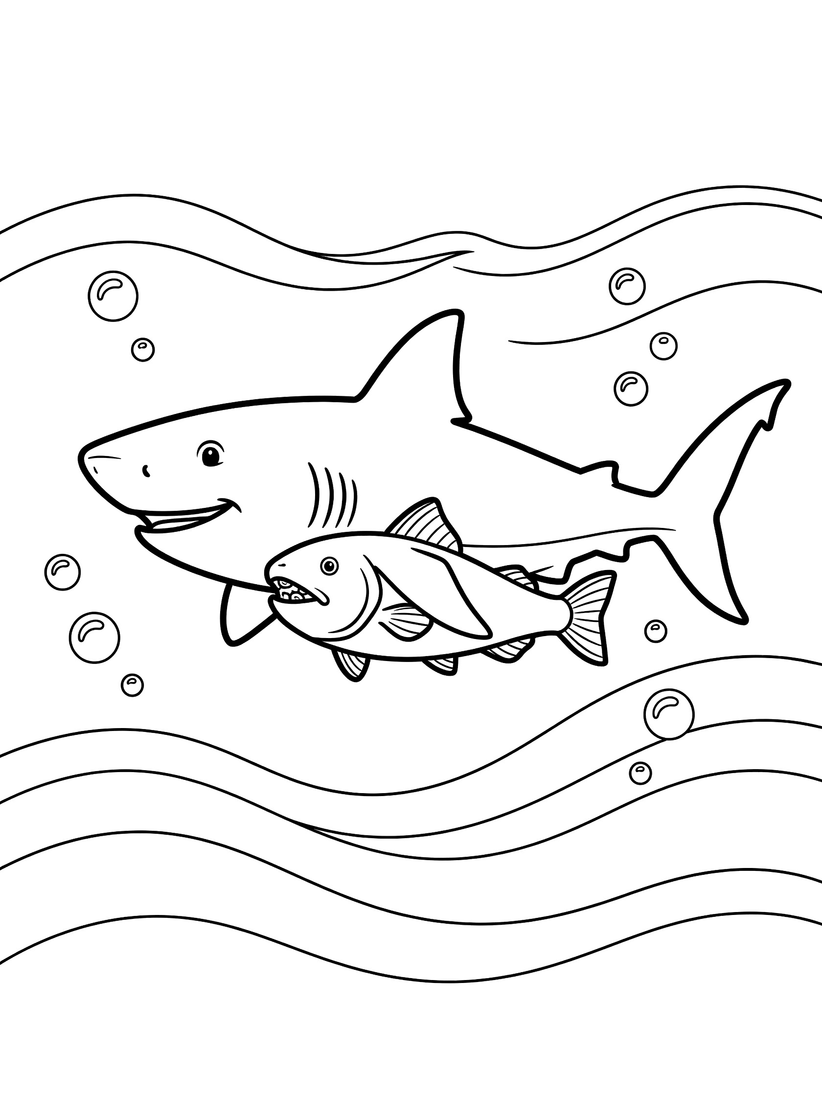 Printable coloring page showing a smiling shark swimming with a cheerful remora fish suctioned to its smooth belly, surrounded by gentle waves and bubbles in clean line art.