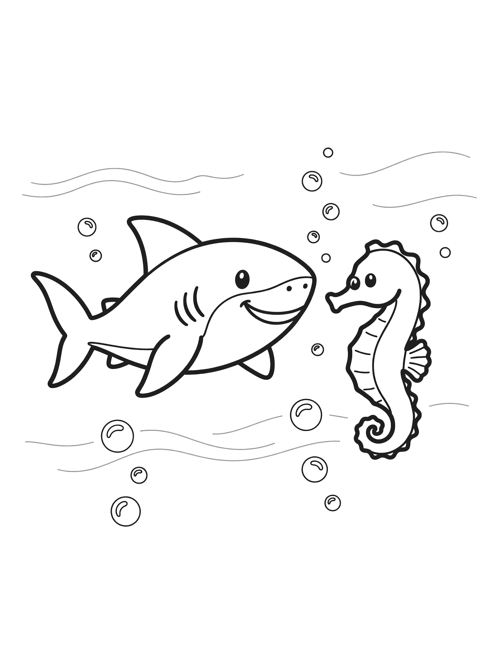 Printable coloring page showing a cute shark with big smile next to a curly seahorse, surrounded by water waves and bubbles, all in clean black outlines on white background.