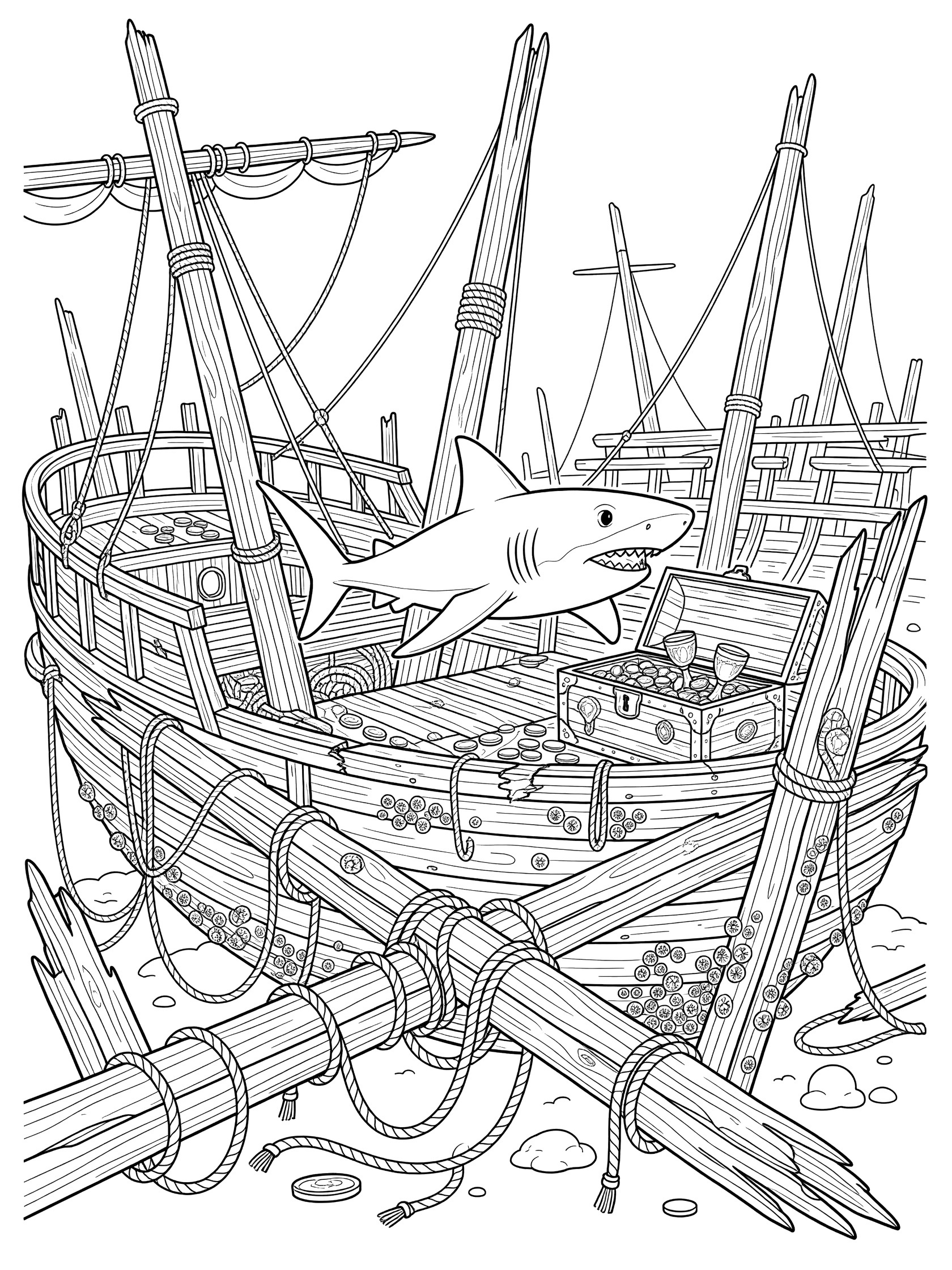 Black and white line art coloring page showing a shark swimming around a sunken shipwreck with broken wooden masts, tangled ropes, barnacles, and a treasure chest spilling gold coins.