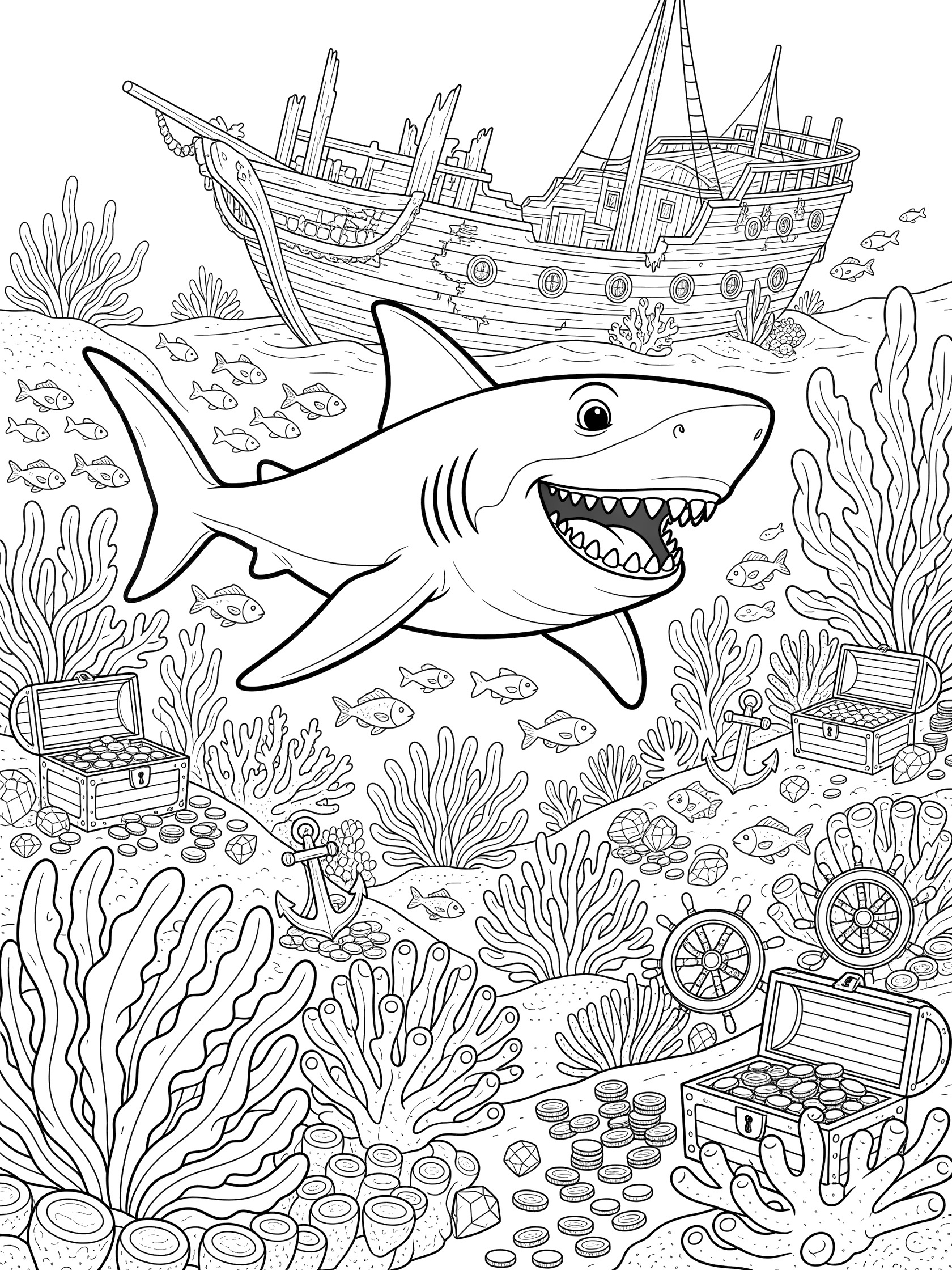 Black and white line art coloring page showing a cartoon shark with big smiling jaws swimming among fish, seaweed, treasure chests, and a detailed sunken pirate shipwreck on the ocean floor.