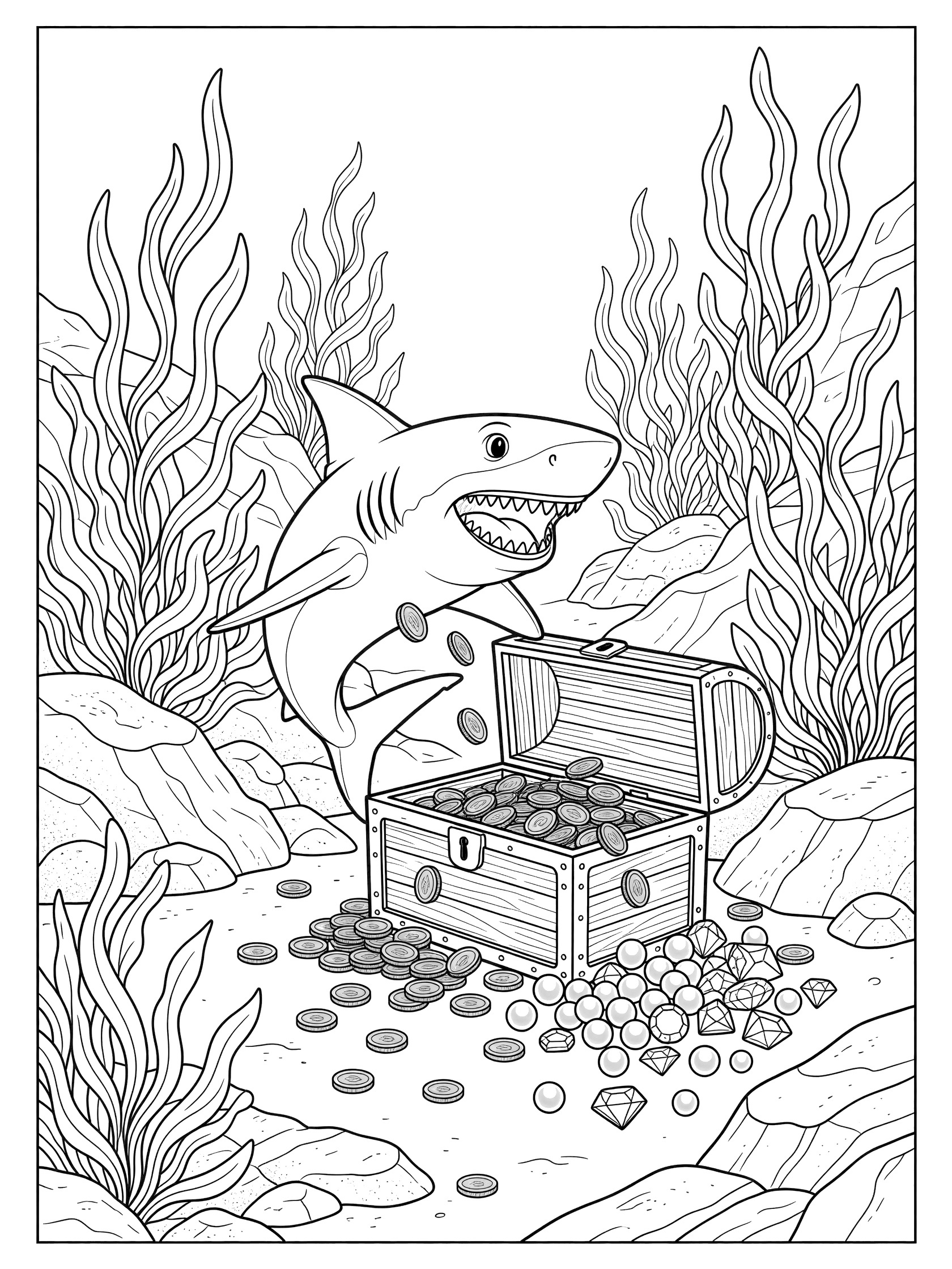Black and white line art coloring page showing a shark near an open treasure chest spilling coins and jewels amid rocks and kelp seaweed.