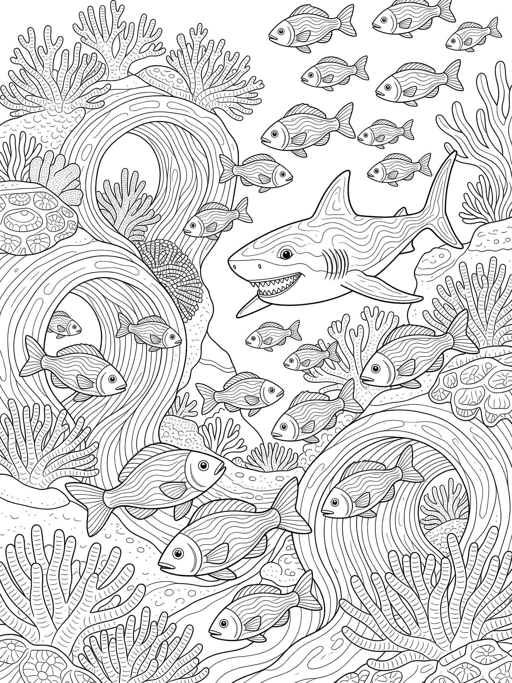 Black and white line art coloring page showing a shark with open mouth chasing wavy patterned fish swimming through tunnel-shaped coral reefs.