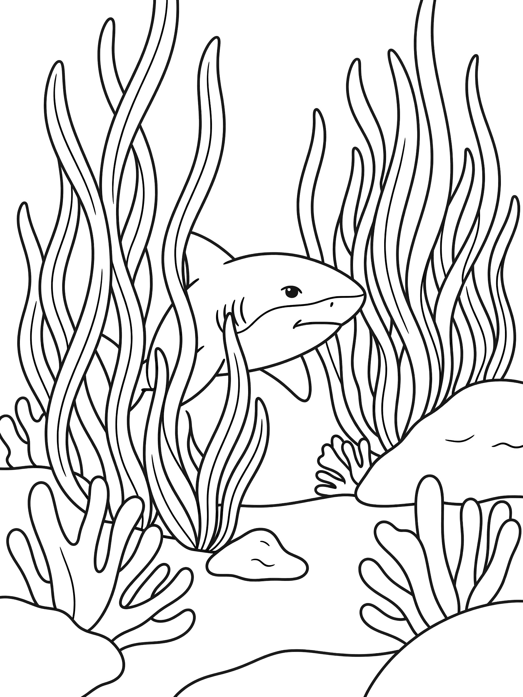 Black and white line art coloring page showing a shark peeking out from swaying seaweed strands, rocks, and coral on a sea bed.