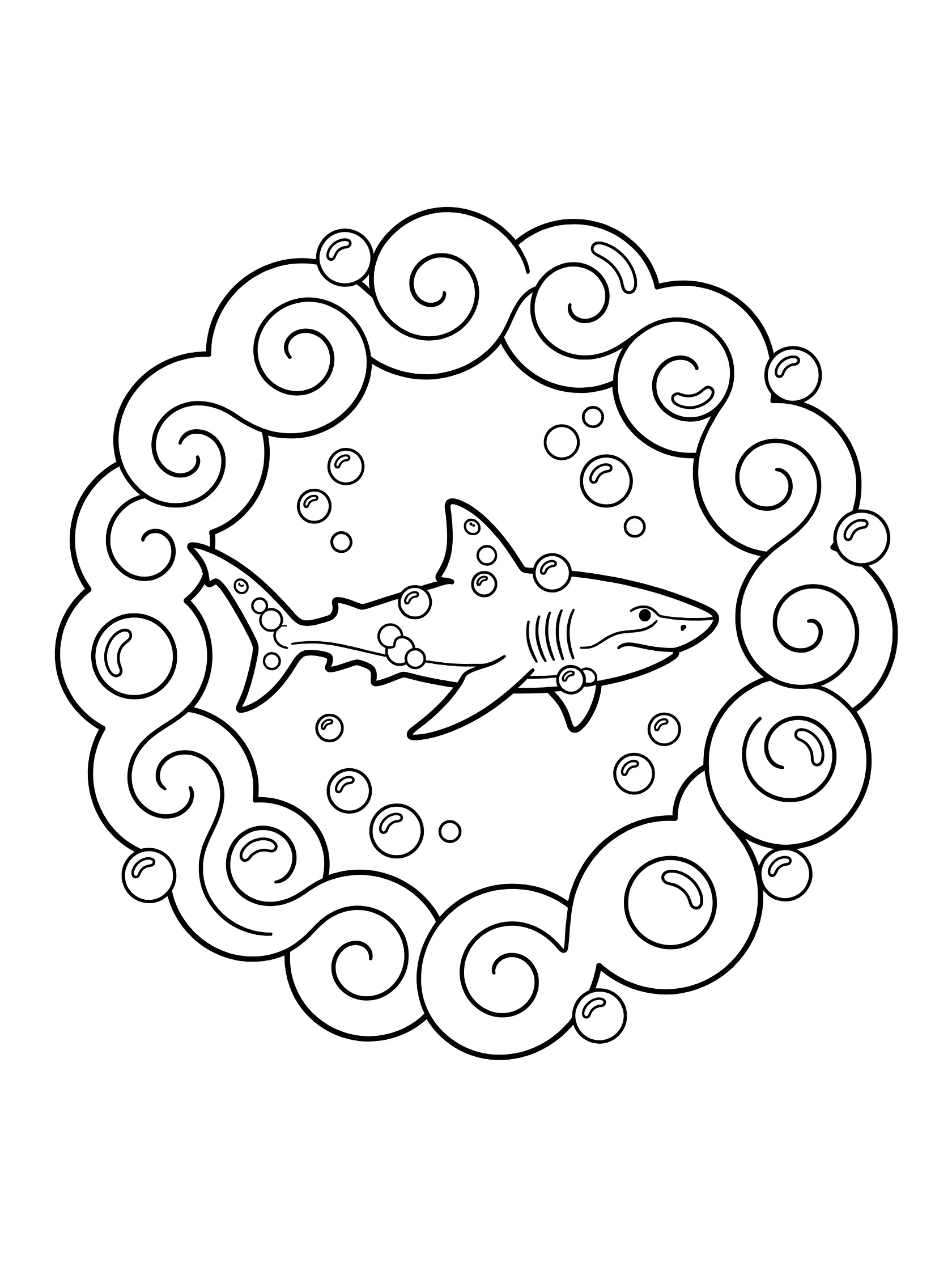 Black and white line art coloring page showing a shark swimming inside a large ring of interconnected bubbles with swirls and smaller bubbles around it.
