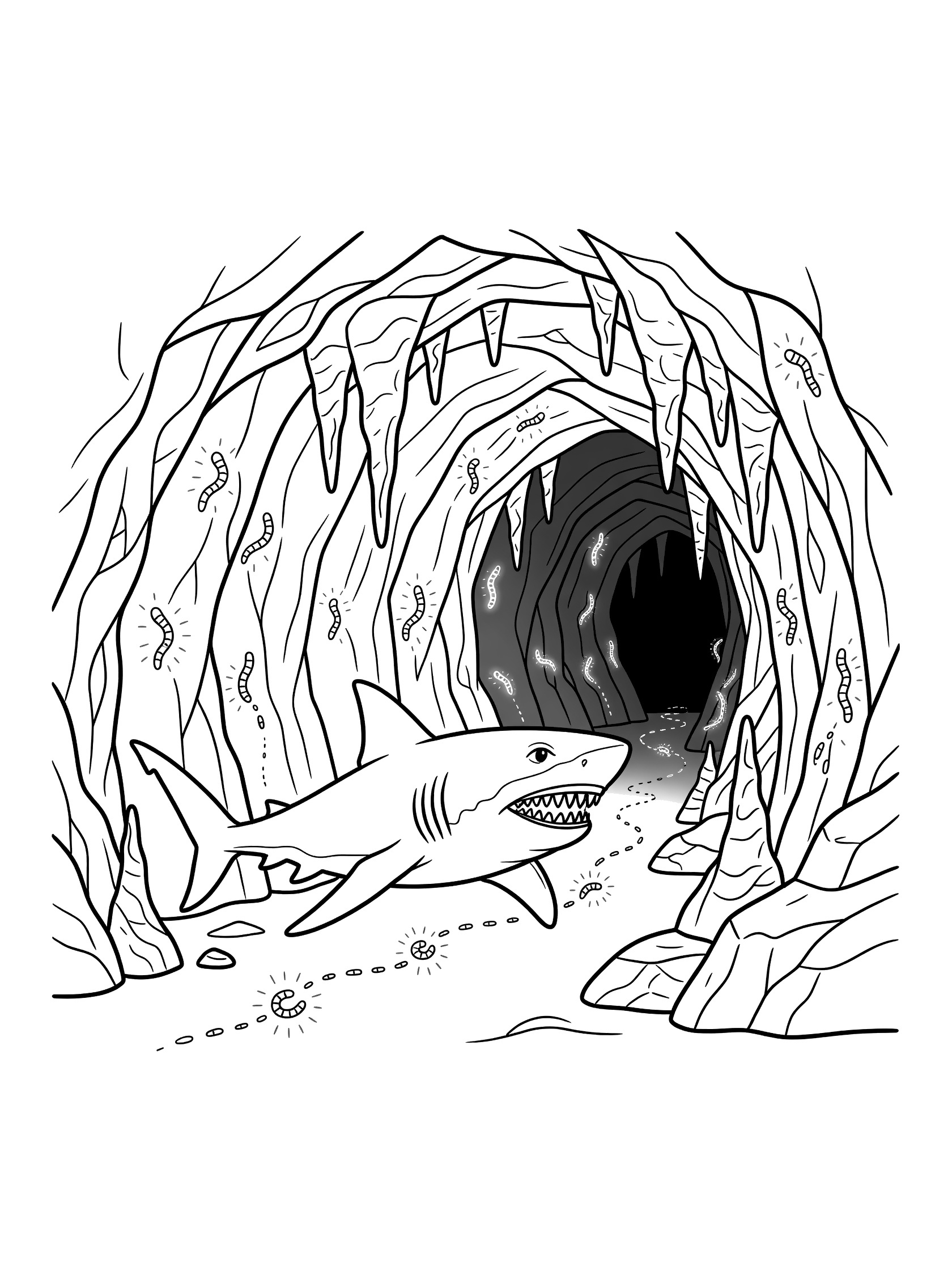 Black and white line art coloring page showing a shark entering a cave with hanging stalactites, glow worms on walls, and a path of lights on the cave floor.