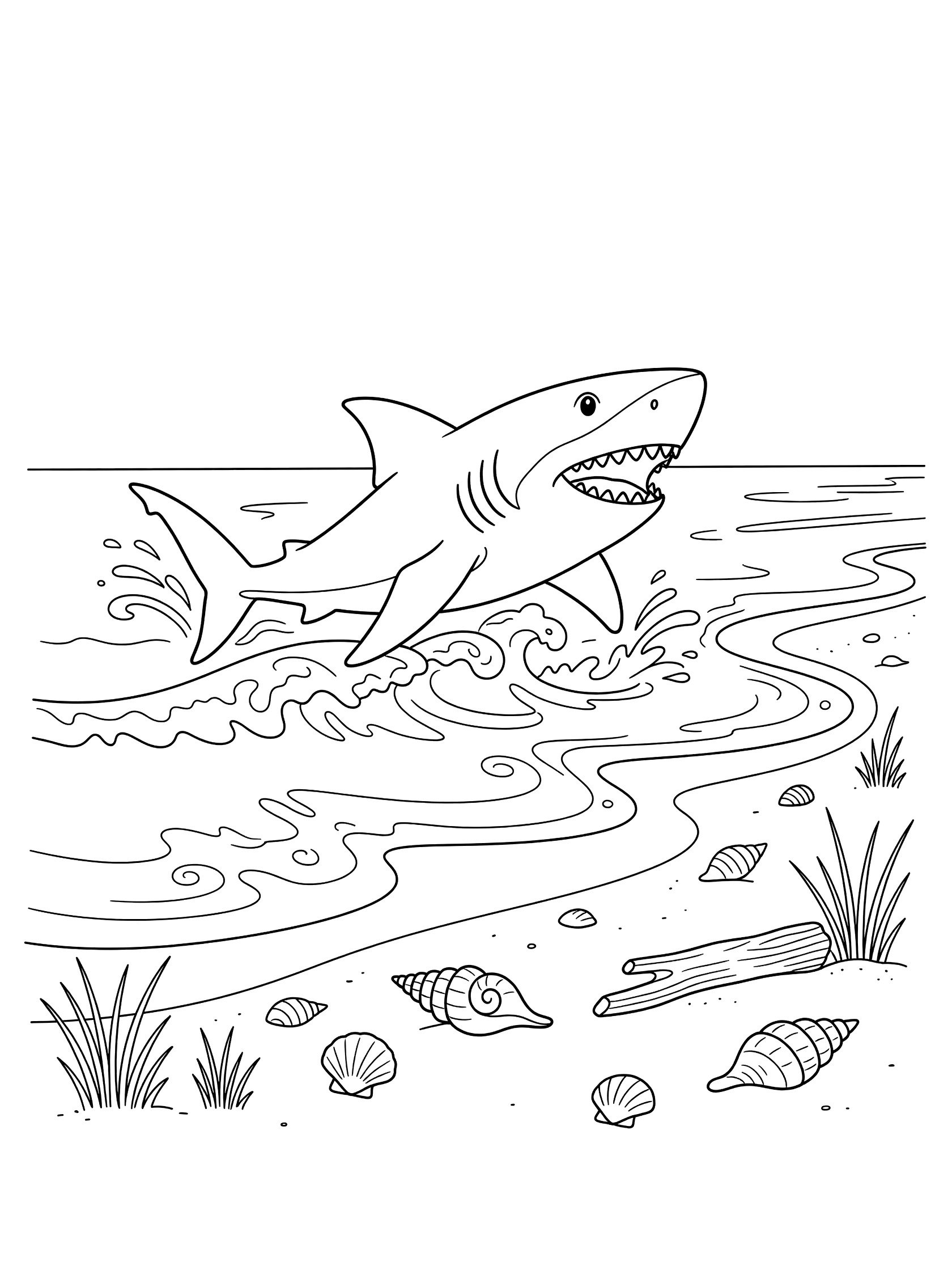 Black and white line art coloring page showing a shark leaping from wavy ocean water near a beach with seashells, driftwood, and grass. Jaws themed black and white printable line art