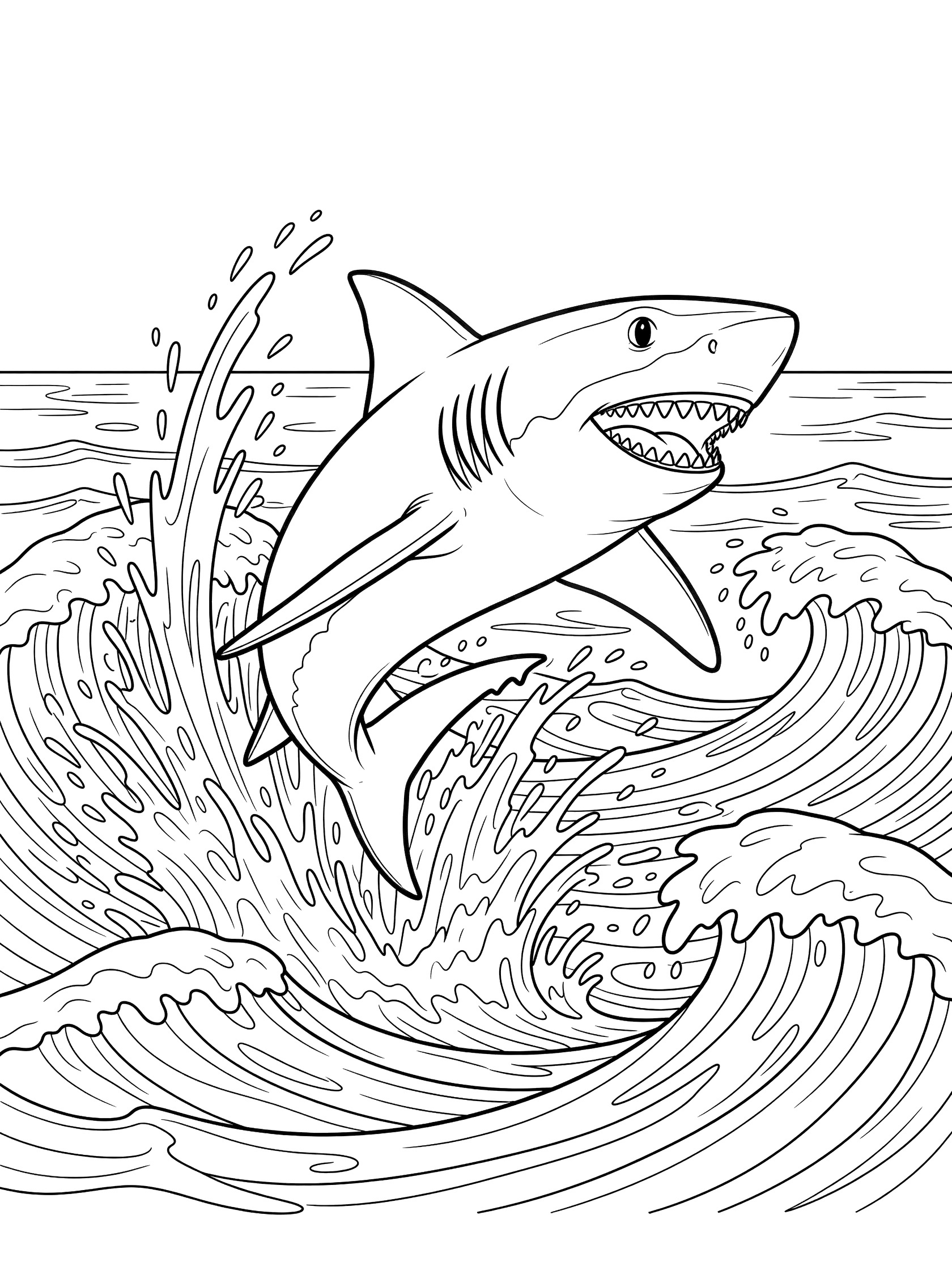 Black and white line art coloring page showing a shark jumping high out of rolling ocean waves with water splashing around it.