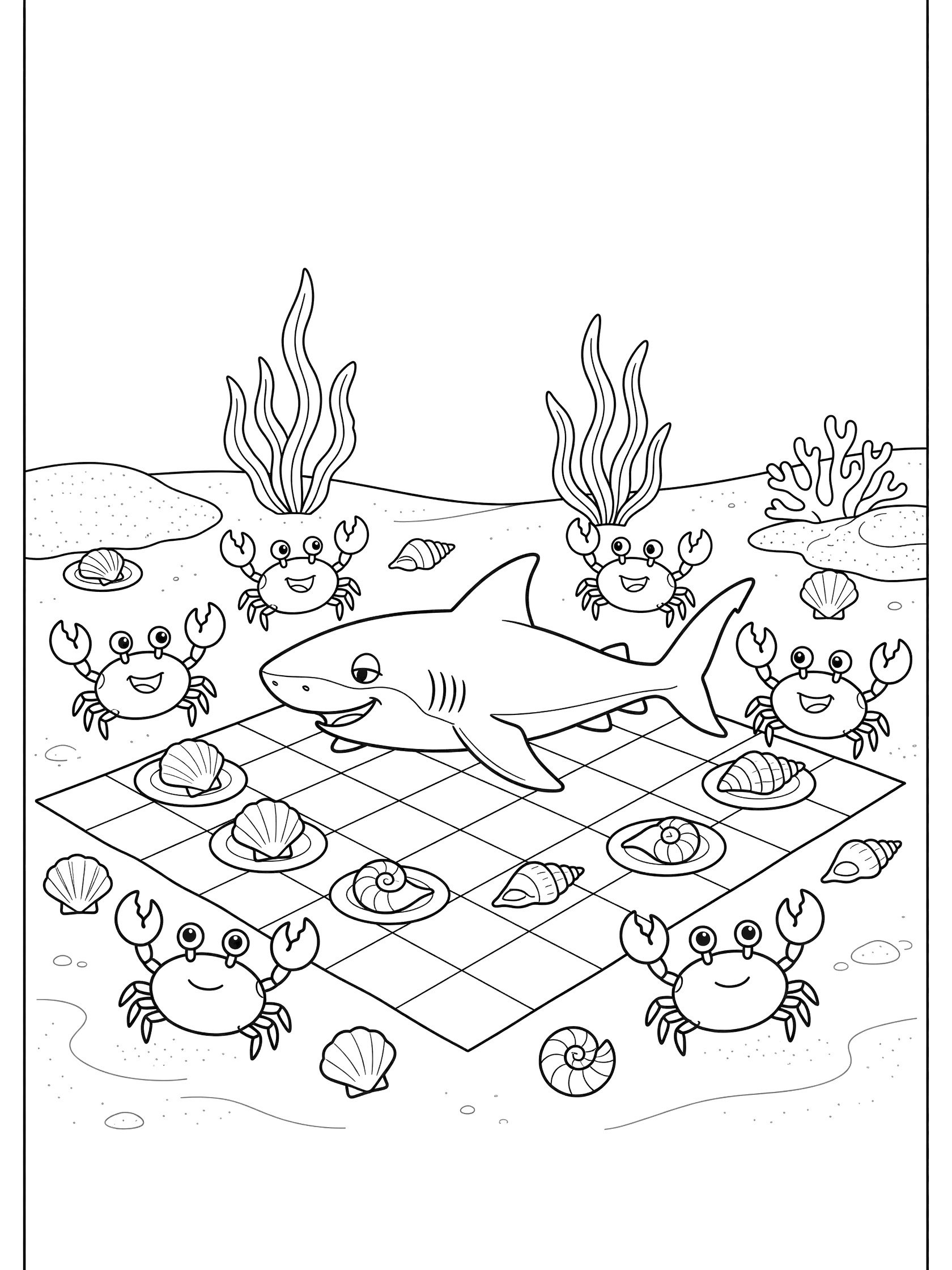 Black and white line art coloring page showing a shark sitting on a checkered picnic blanket with smiling crabs around seashell plates on sandy ocean bottom with seaweed and coral.