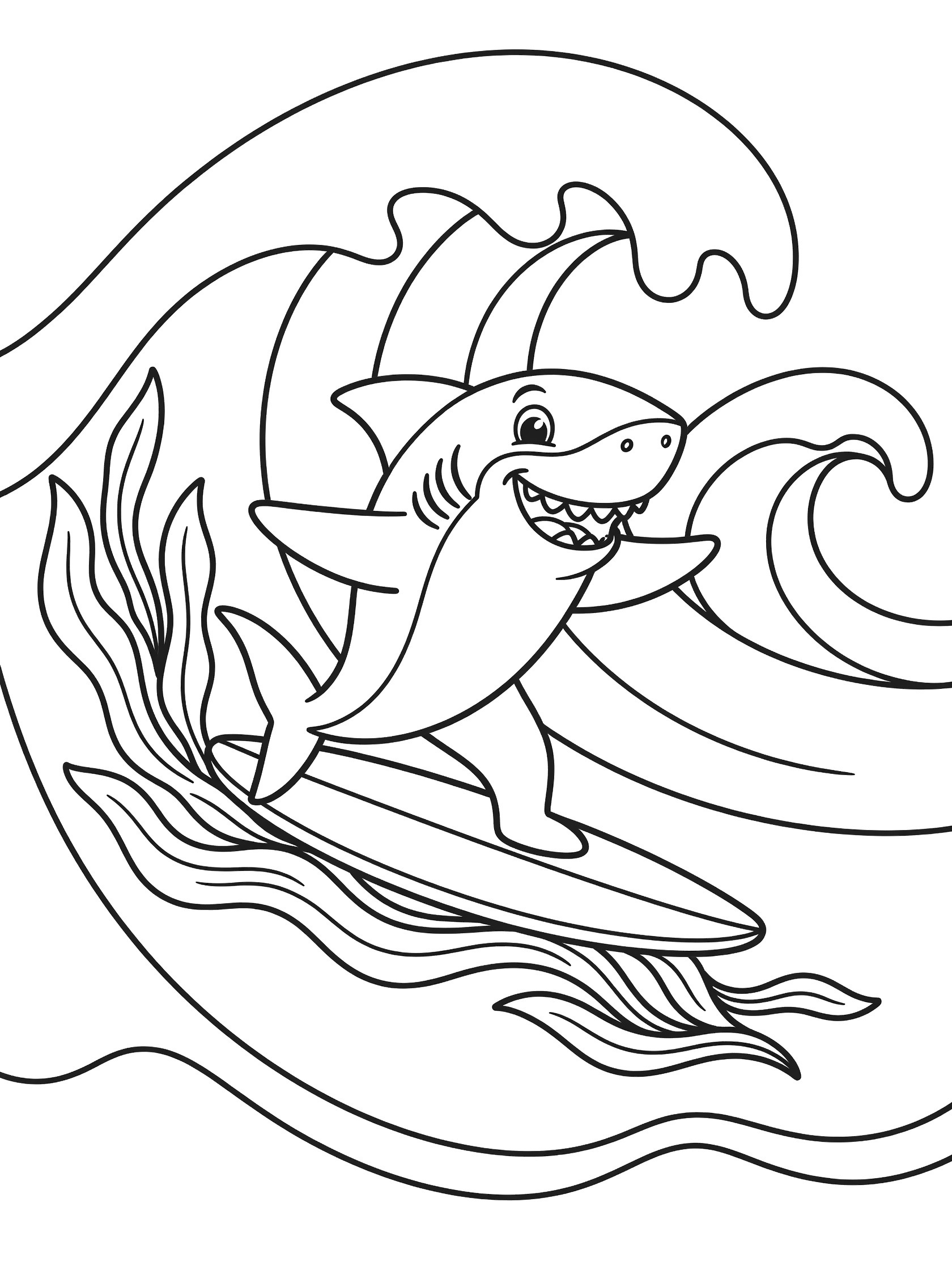 Black and white line art coloring page showing a cartoon shark with a big smile surfing on wavy kelp like a surfboard, arms out, surrounded by curling ocean waves.