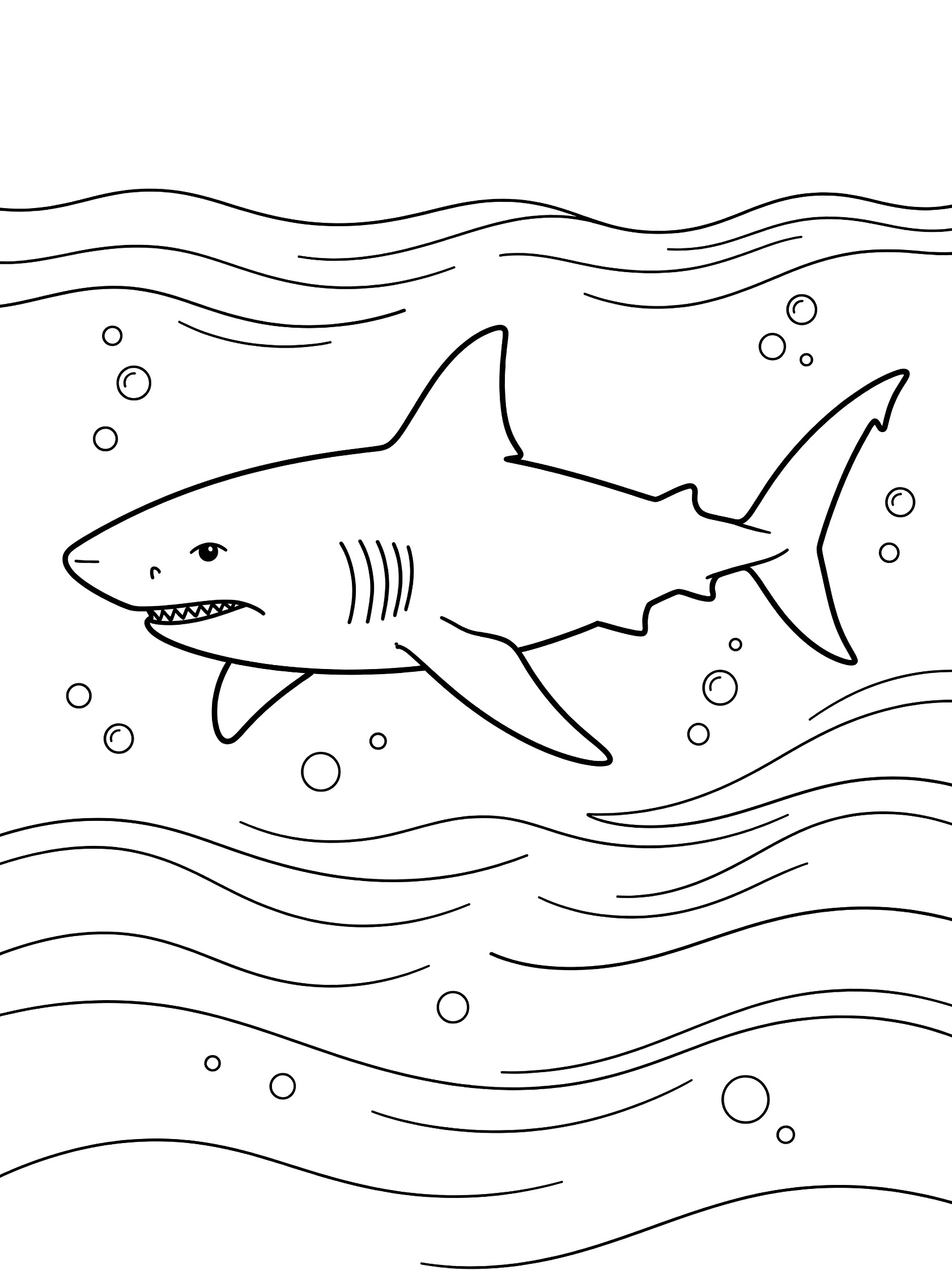Black and white line art coloring page showing a shark with open mouth, fins, and tail swimming in wavy water lines with scattered bubbles. Megalodon themed black and white printable line art