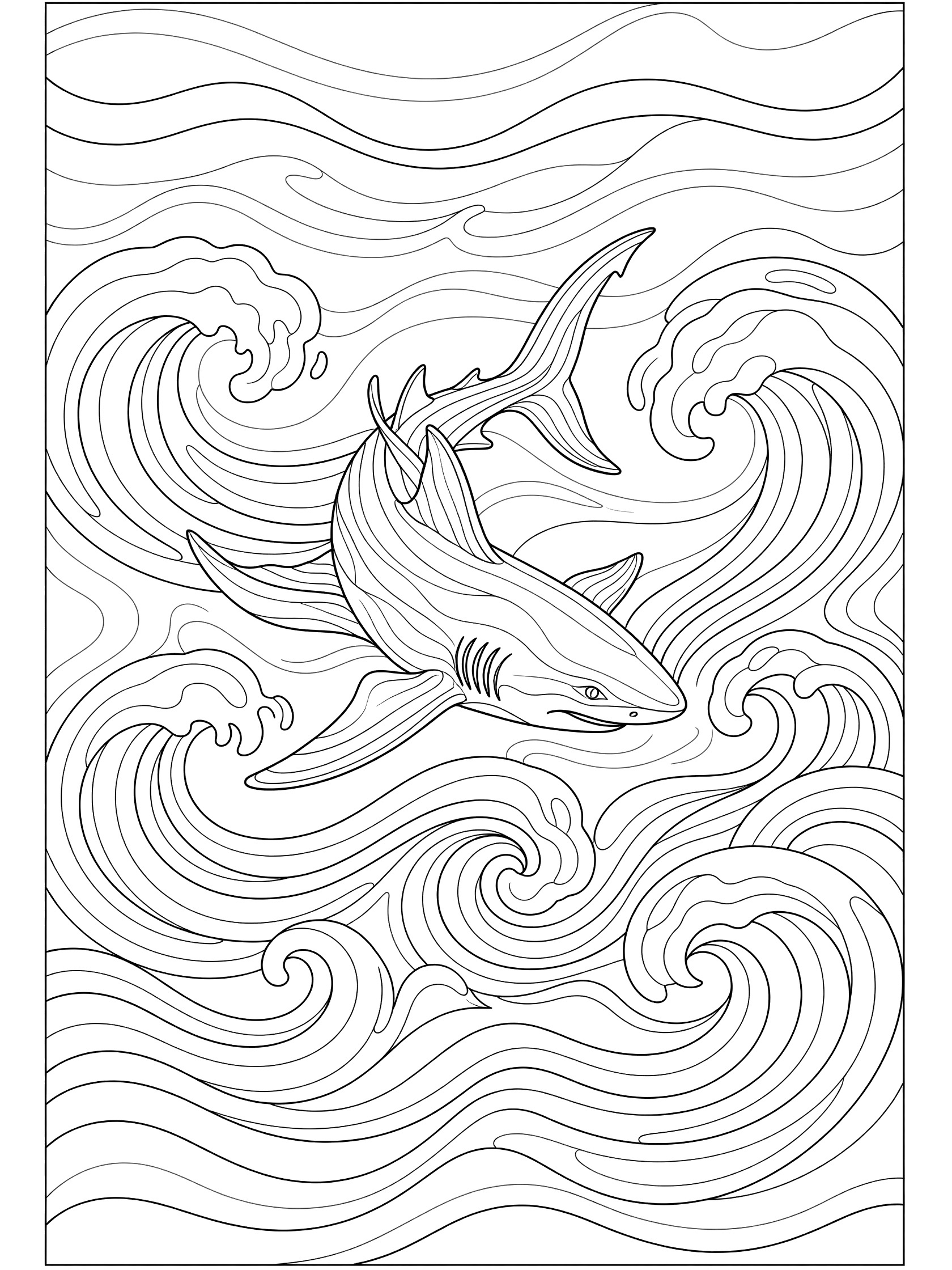 Black and white line drawing of a shark with open mouth and fins swimming in detailed wavy ocean patterns, coloring book style.