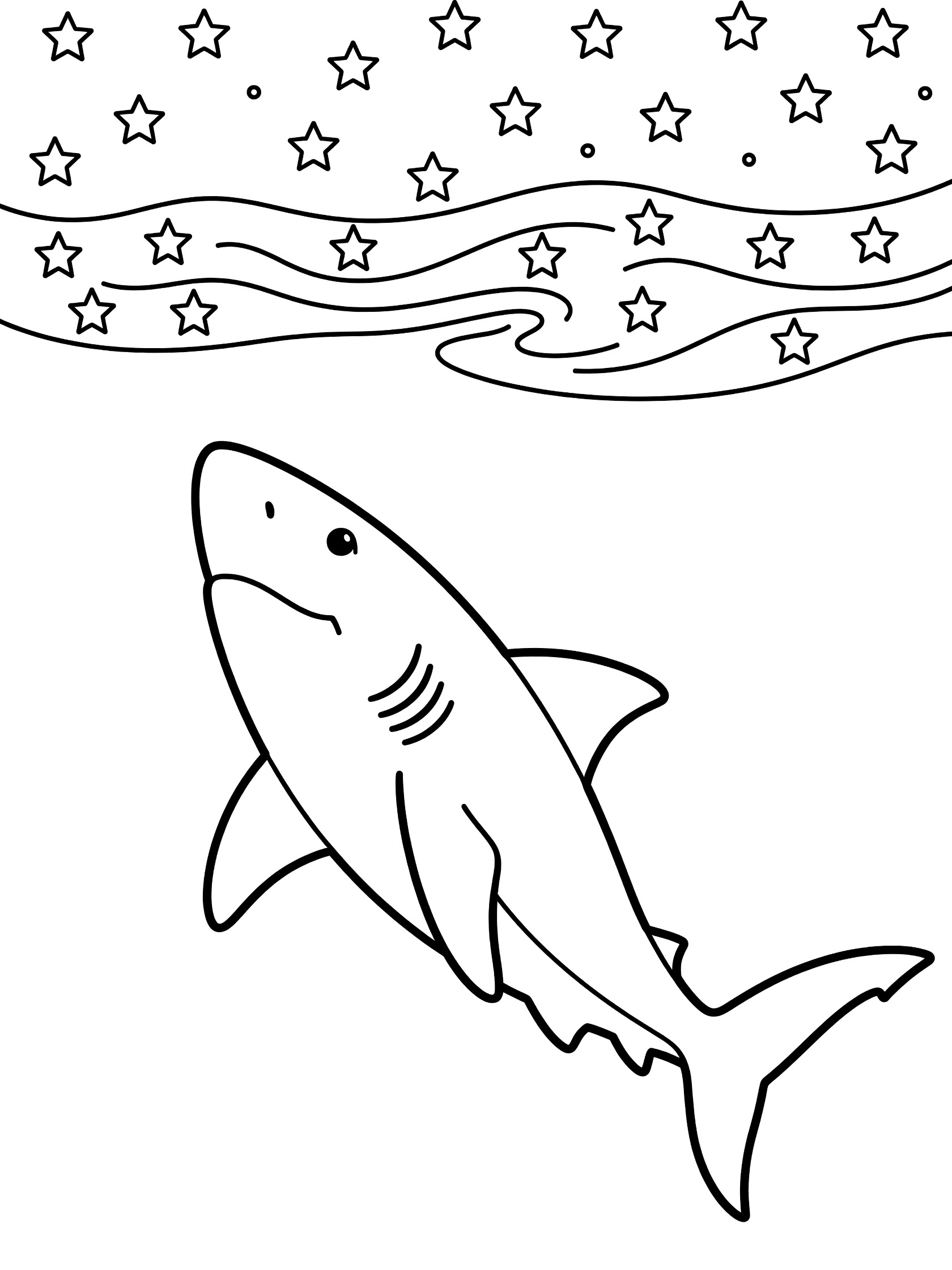 Black and white line art coloring page showing a shark facing up at waves and stars above