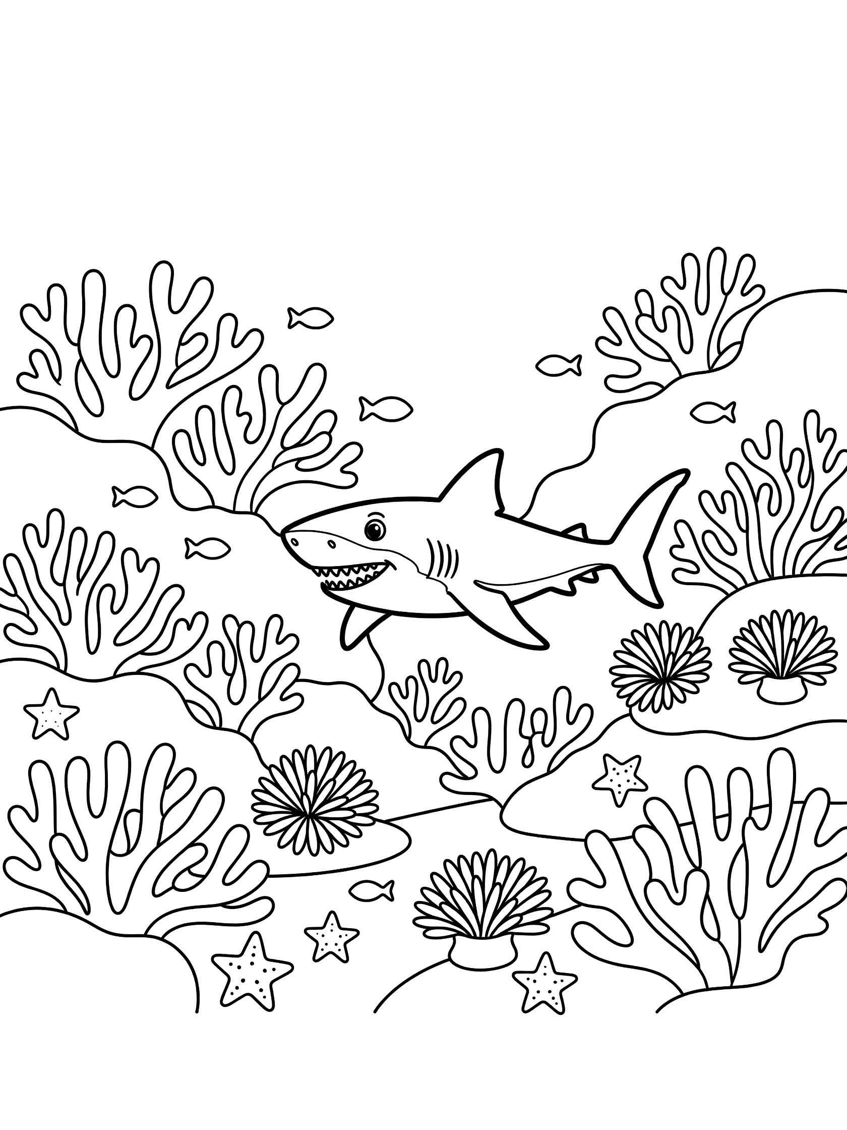 Black and white line art coloring page showing a shark gliding through ocean corals with small fish, starfish, and sea anemones.