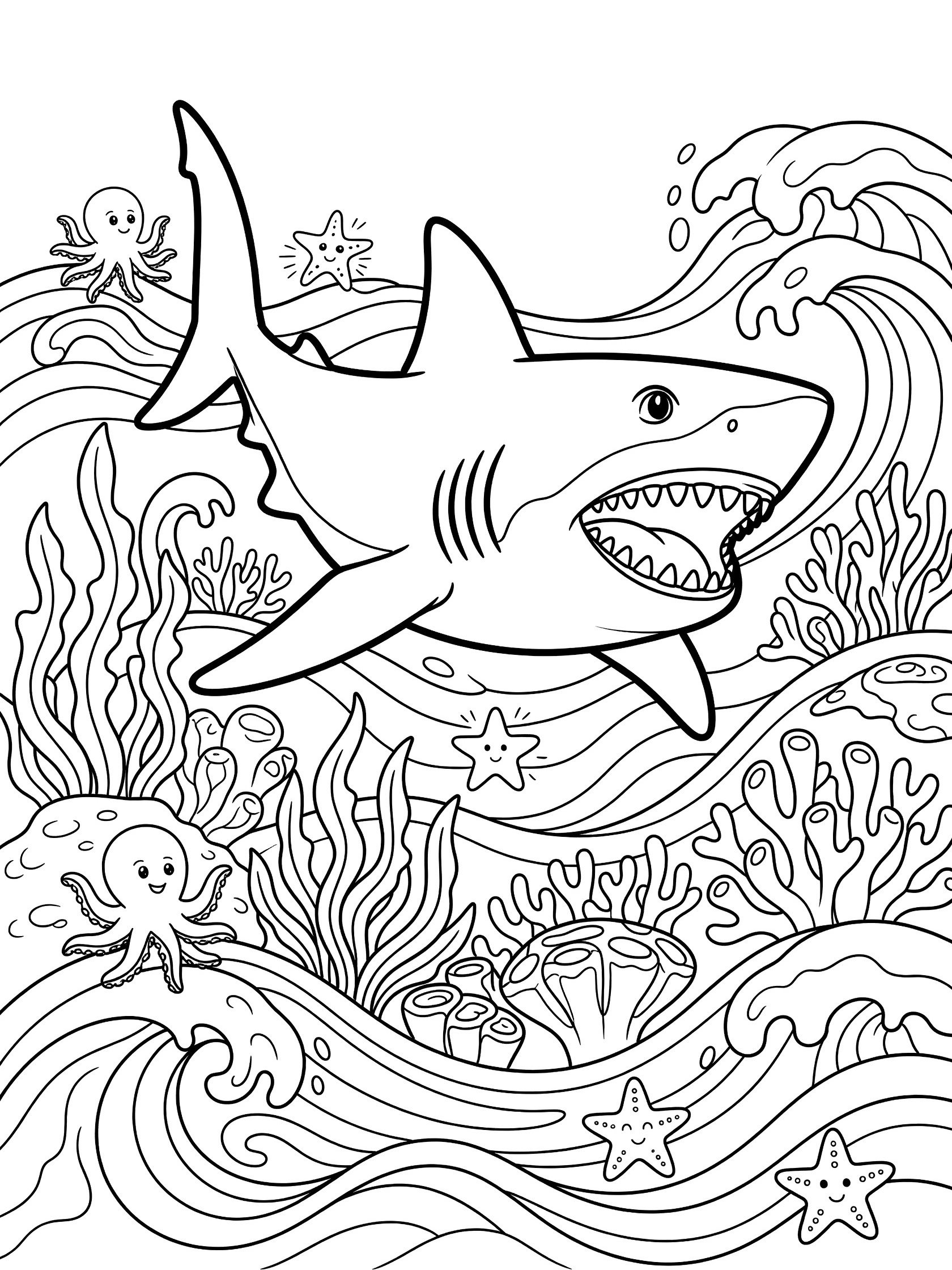 Black and white line art coloring page showing a bold shark with open jaws swimming in ocean waves, surrounded by seaweed, coral reefs, octopus, starfish, and small sea creatures.