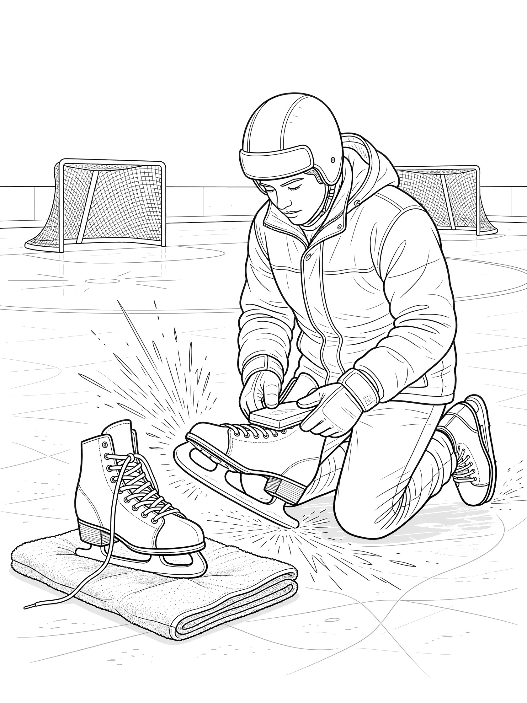 Line art coloring page showing a person in helmet and jacket kneeling by ice rink, sharpening curved blade of propped ice skate with whetstone, sparks lines, towel, and distant hockey nets.