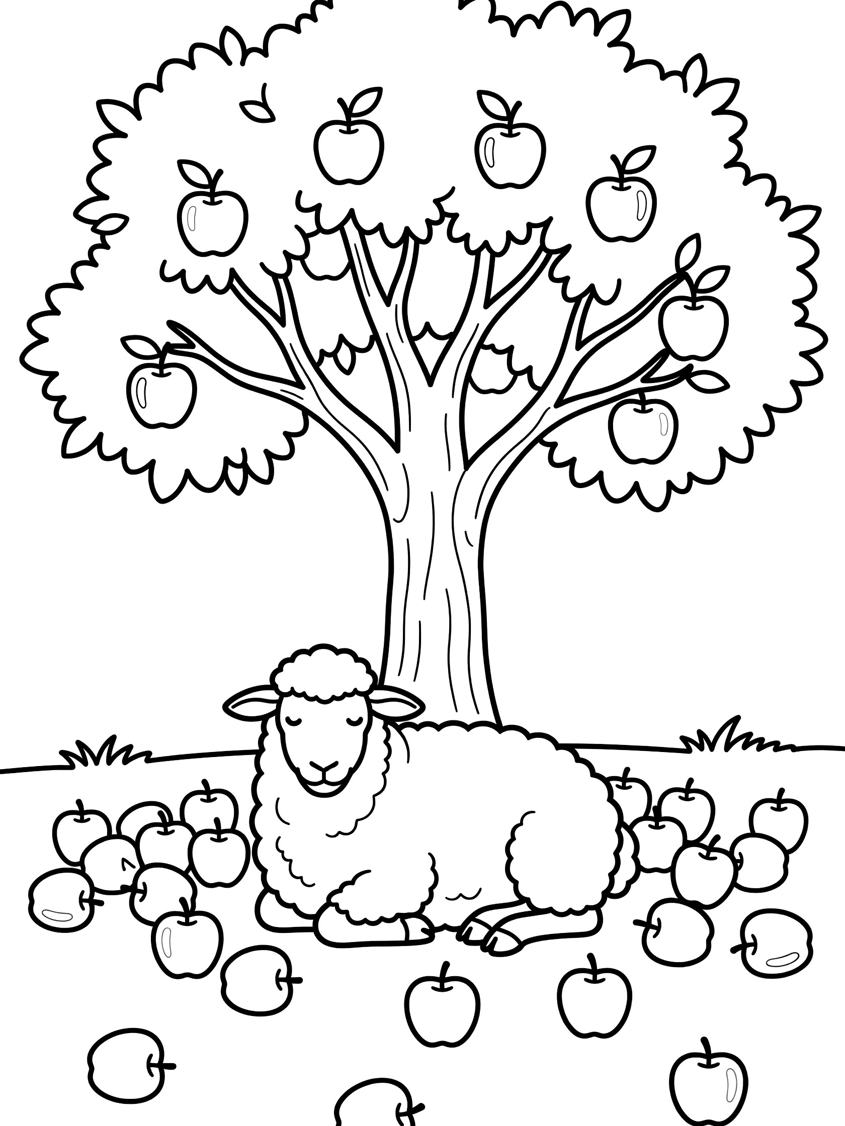 Black and white line art coloring page showing a fluffy sheep lying down under a large apple tree with apples hanging from branches and fallen apples around it.