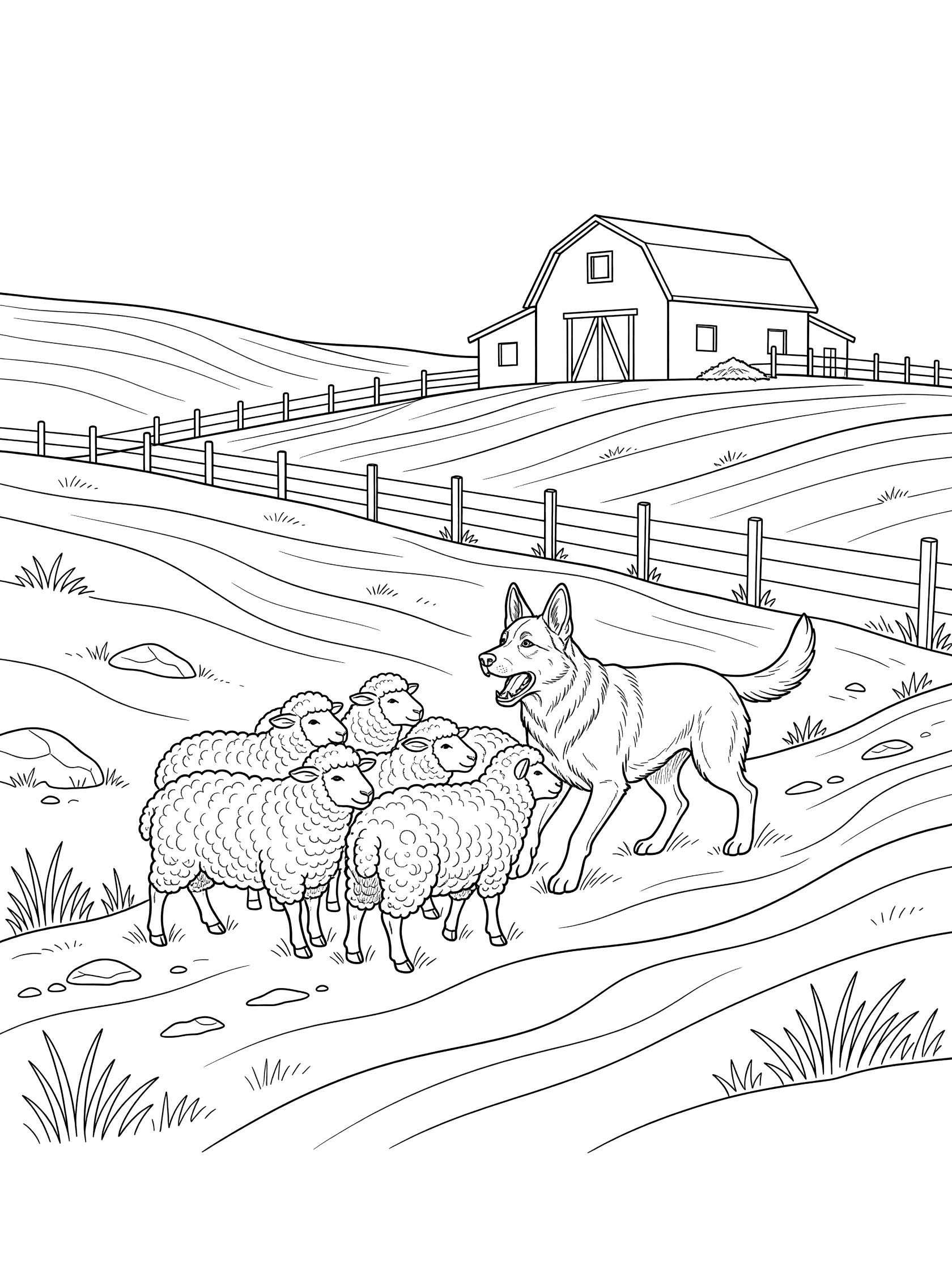 Black and white line art of a dog circling sheep near a barn on a hilly farm, coloring book style.