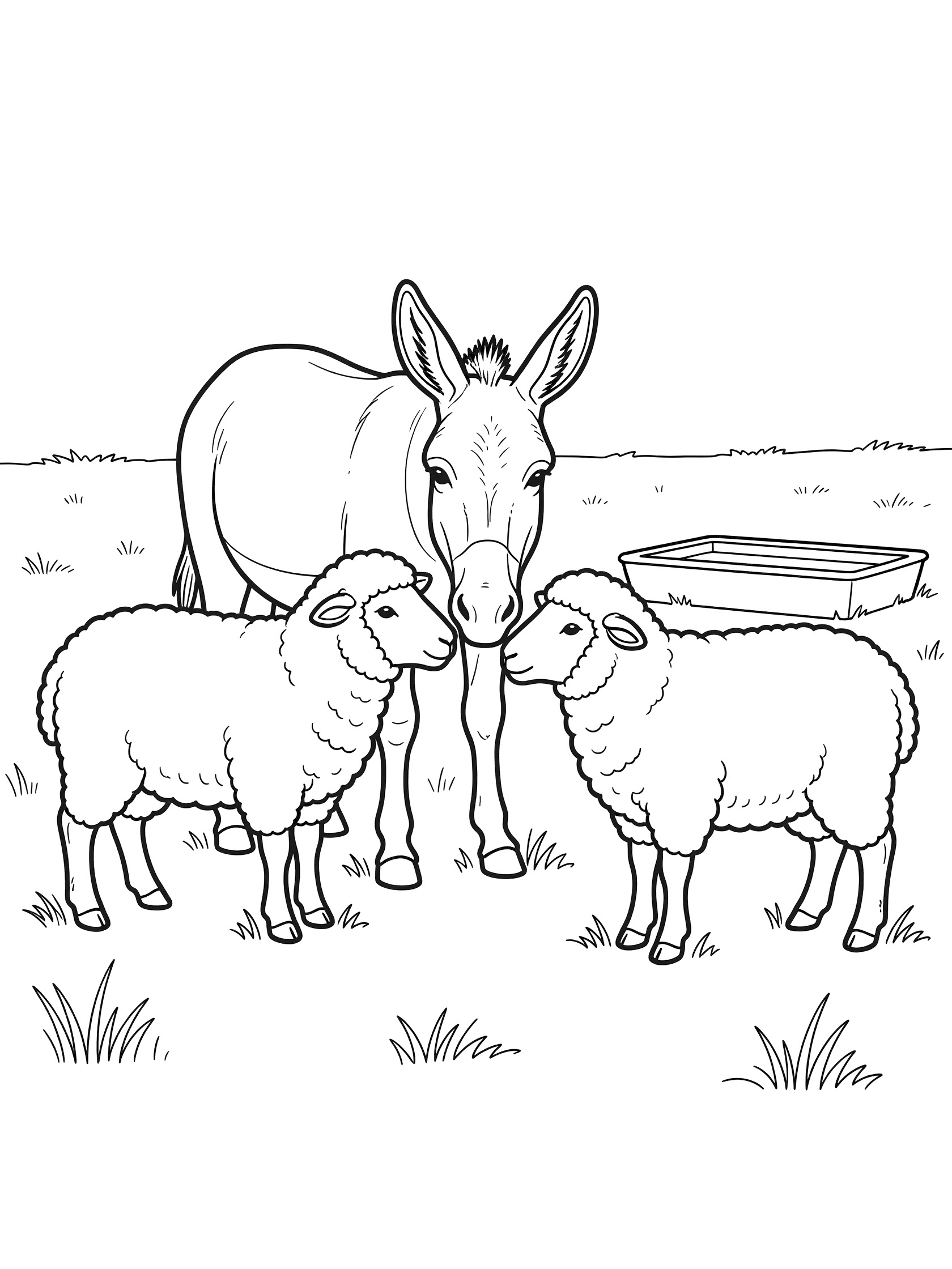 Black and white line drawing of two fluffy sheep and one donkey with long ears nuzzling at a rectangular feeding trough surrounded by simple grass tufts on a white background. Donkeys themed black and white printable line art