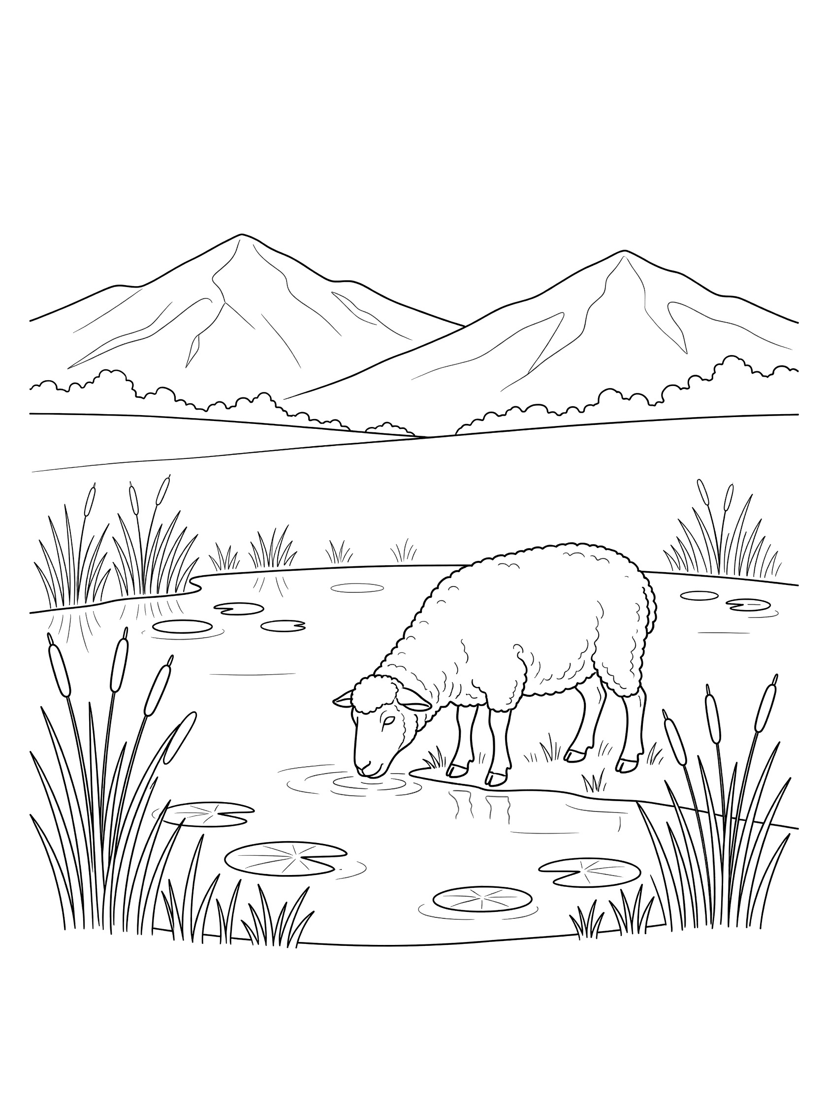 Black and white line art coloring page showing a sheep drinking water from a pond surrounded by reeds and lily pads, with mountains in the background.