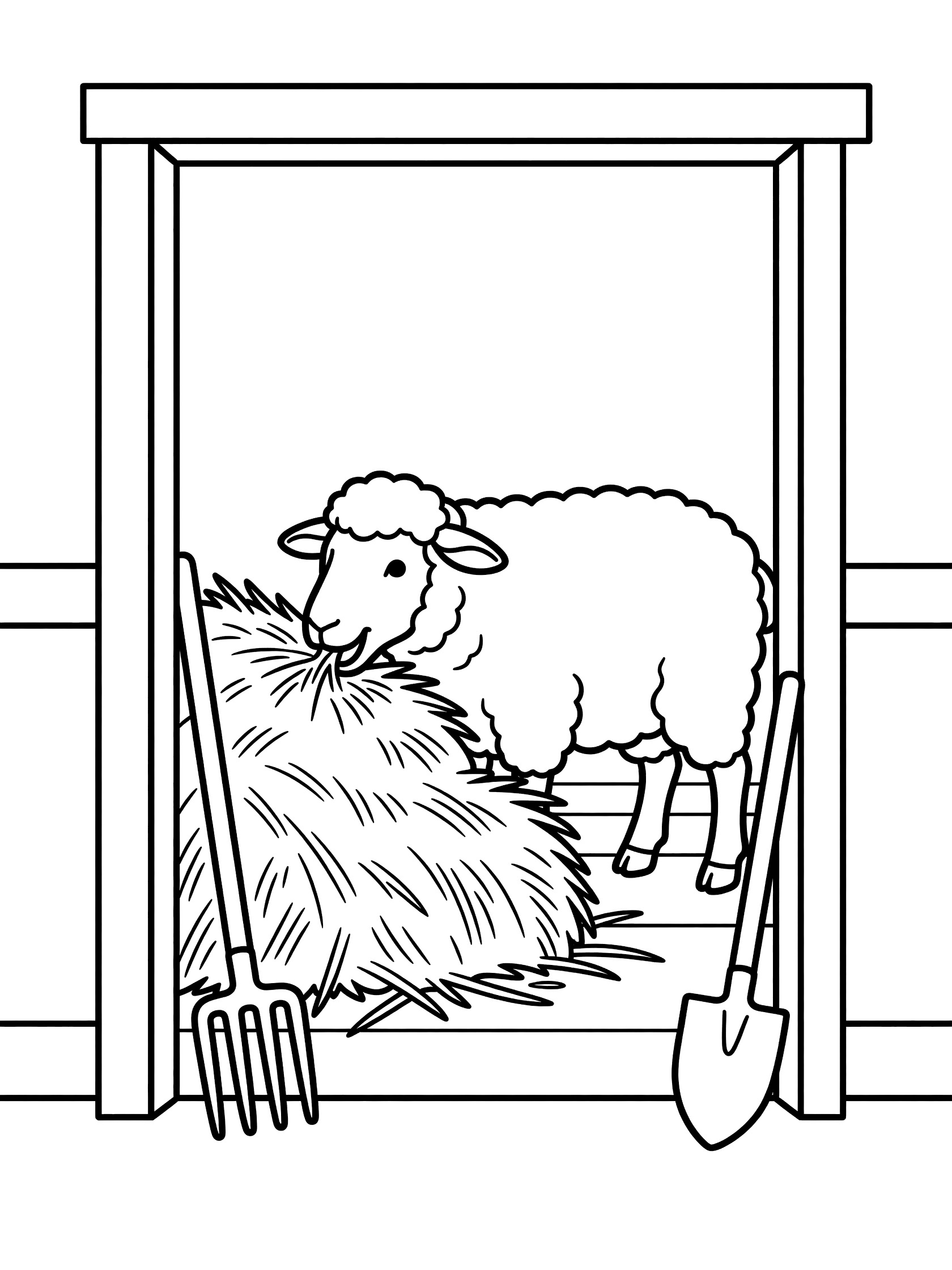Black and white line art coloring page showing a fluffy sheep eating a pile of hay in a barn doorway, with a pitchfork leaning nearby and a shovel on the ground.