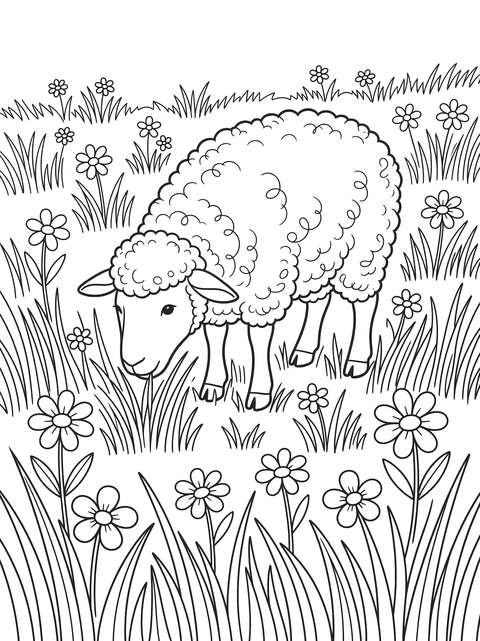 Black and white line art coloring page showing a sheep with curly wool grazing on tall grass with simple flowers in a meadow.