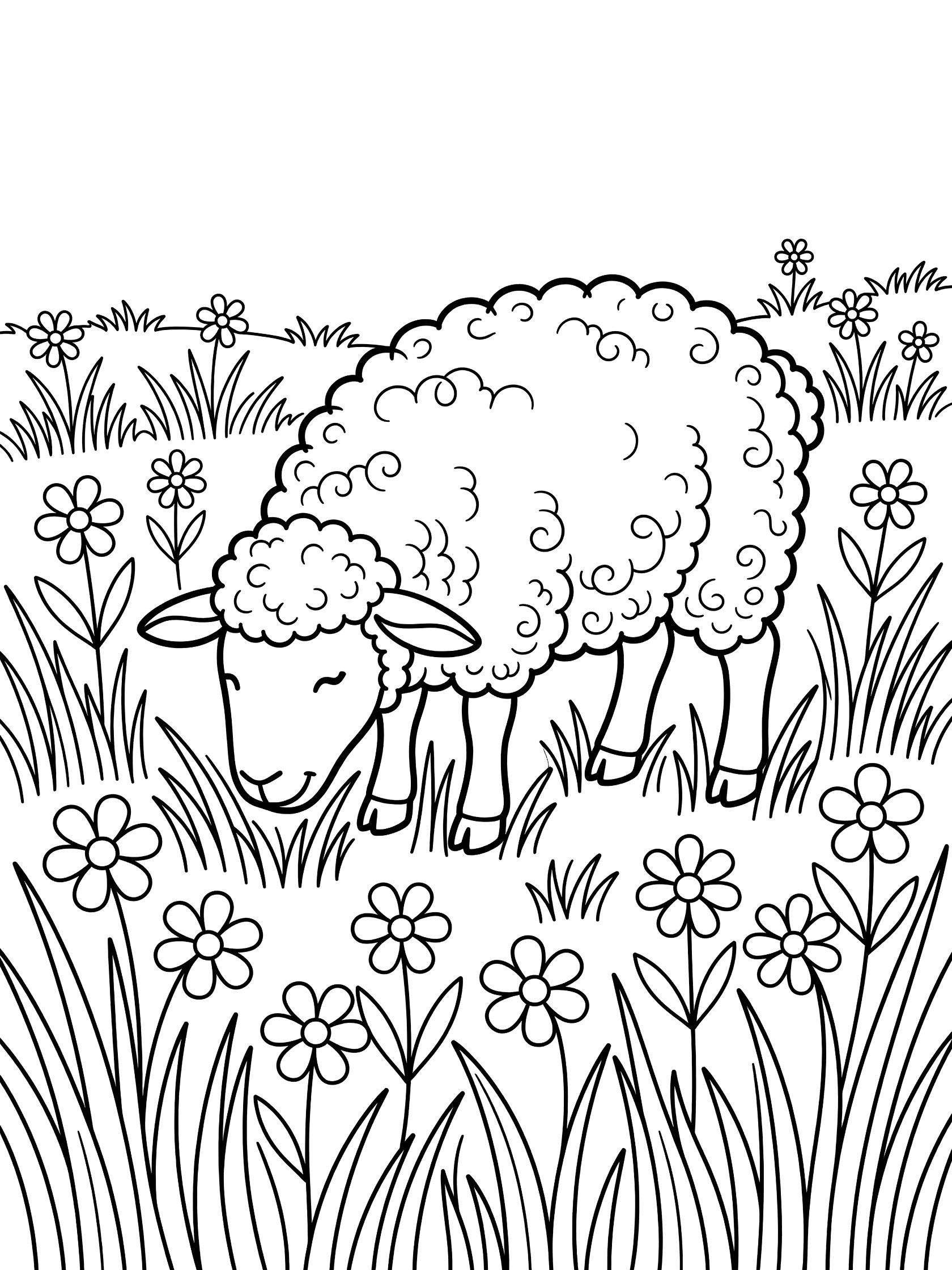 Black and white line art coloring page showing a sheep with curly wool grazing on tall grass surrounded by simple flowers in a meadow.