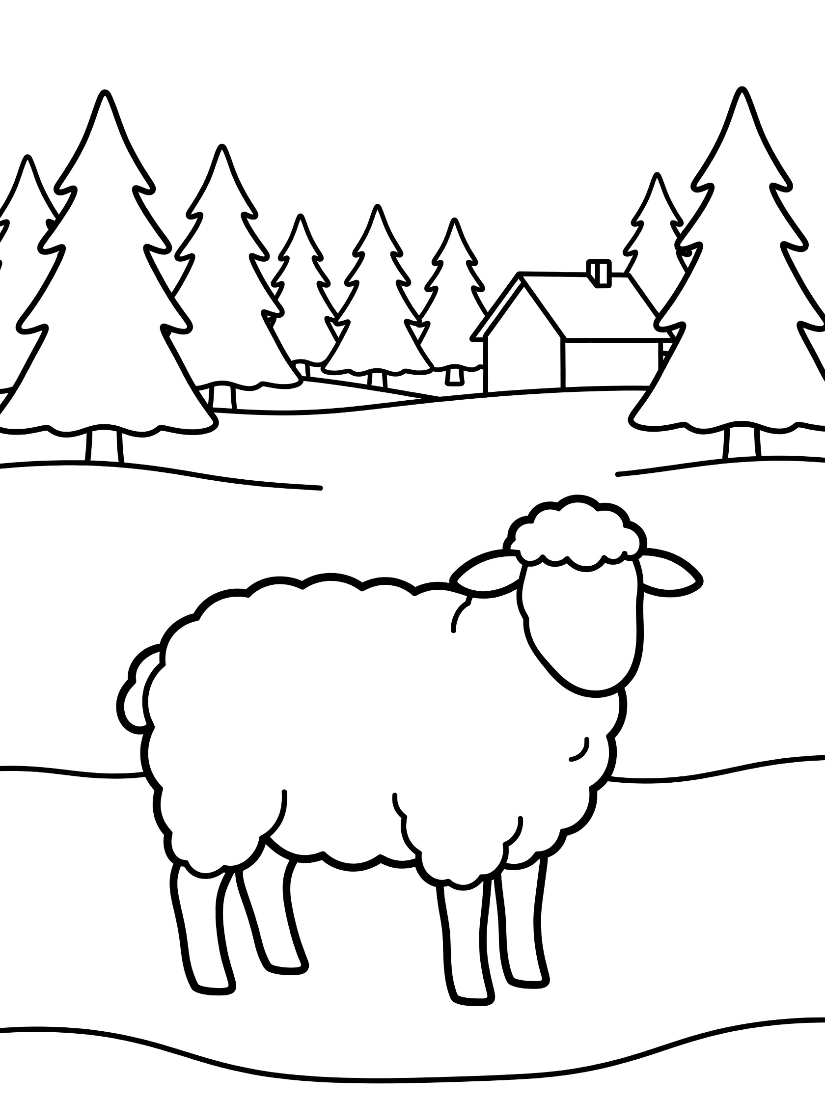 Black and white coloring page of a fluffy sheep in a snowy field surrounded by pine trees and a distant farmhouse