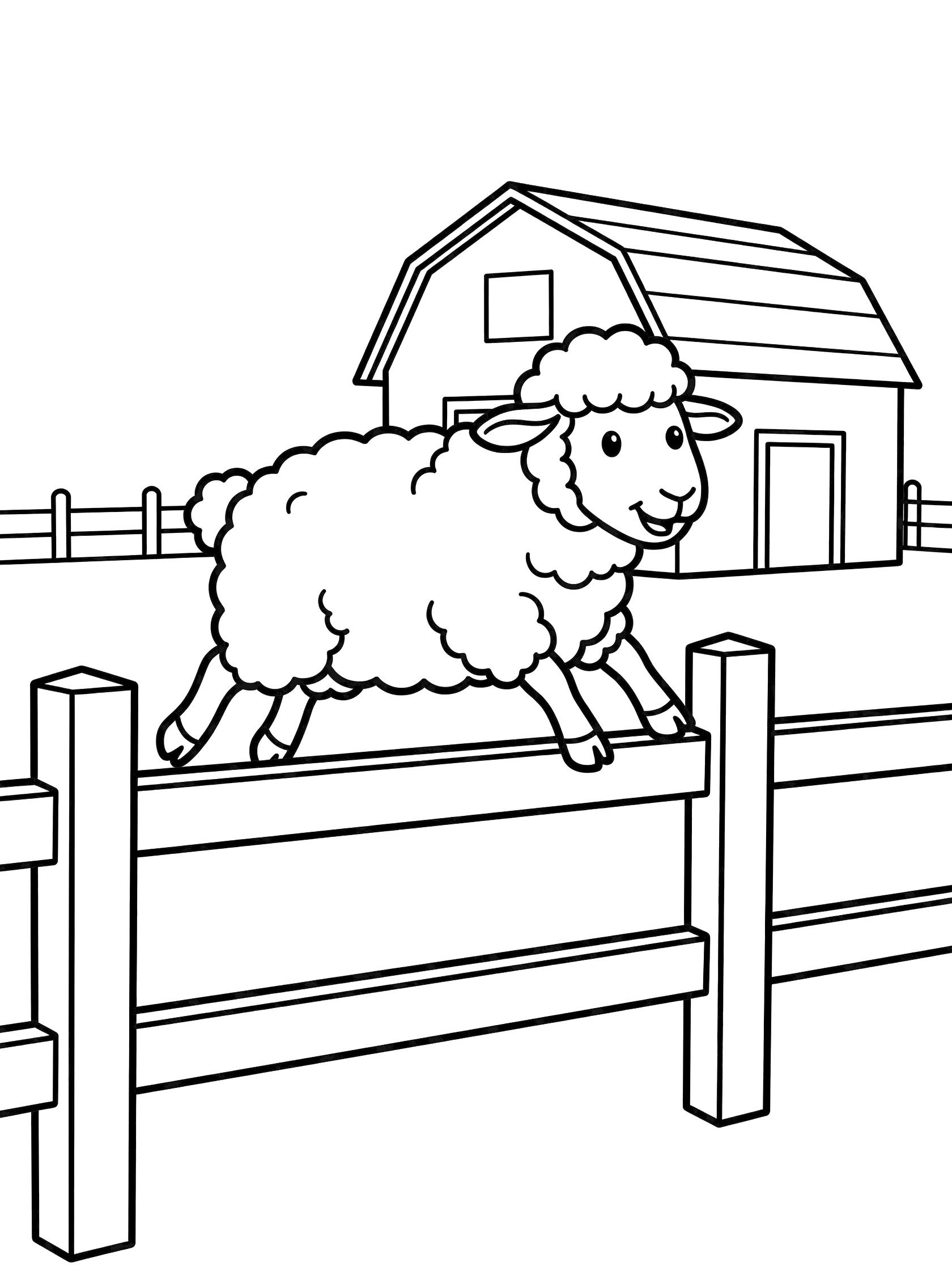 Black and white line art coloring page showing a fluffy sheep jumping over a wooden fence, with a barn and open field in the background.