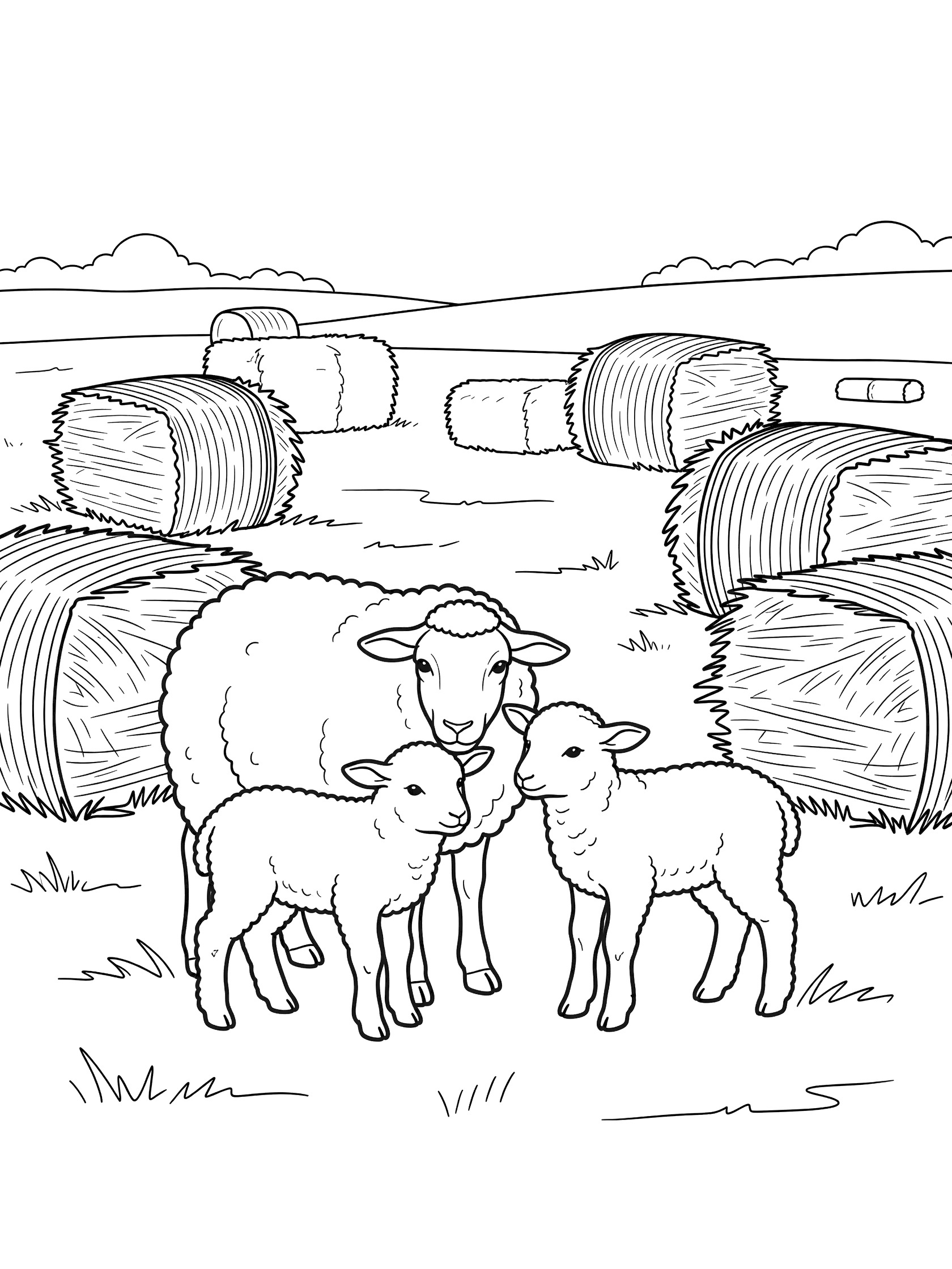 Black and white coloring page showing a mother sheep nuzzling two fluffy lambs surrounded by hay bales in a grassy field.
