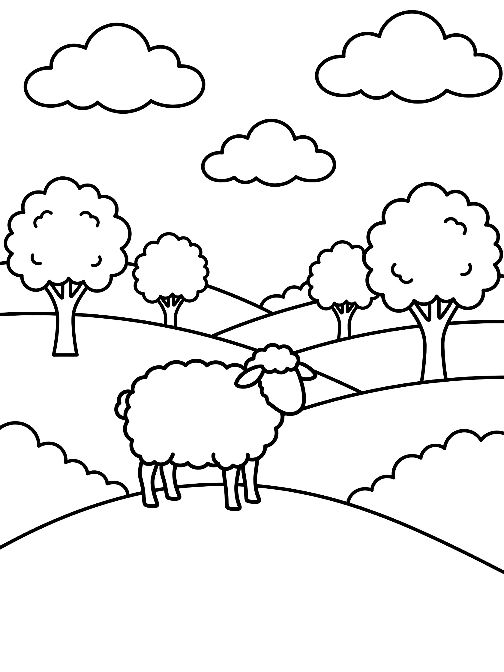 Black and white line art coloring page showing a fluffy sheep on a grassy hill overlooking a valley with trees, hills, and clouds in a simple farm meadow scene.