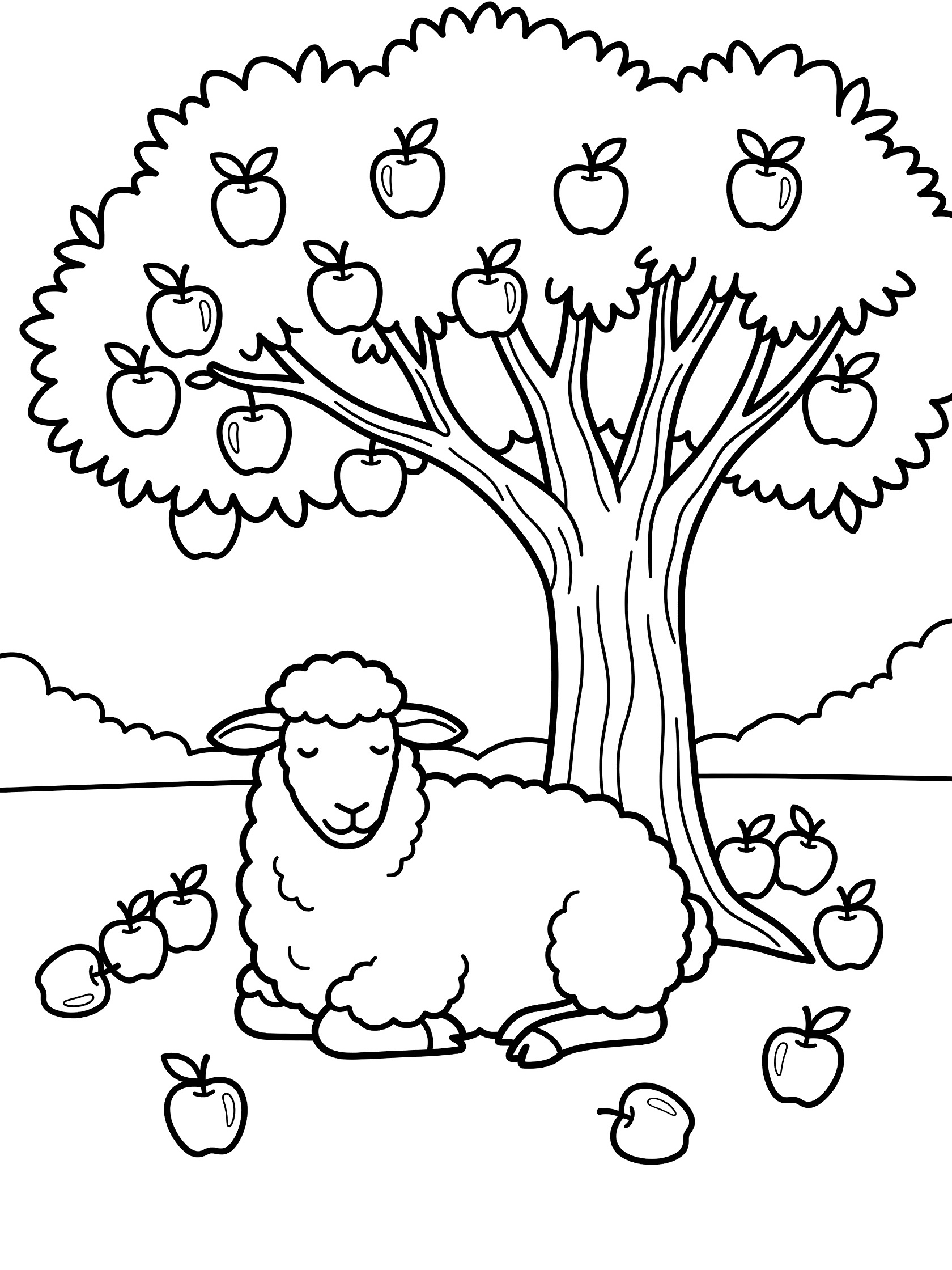 Black and white line art coloring page showing a fluffy sheep lying down under a large apple tree with apples hanging from branches and scattered on the ground.