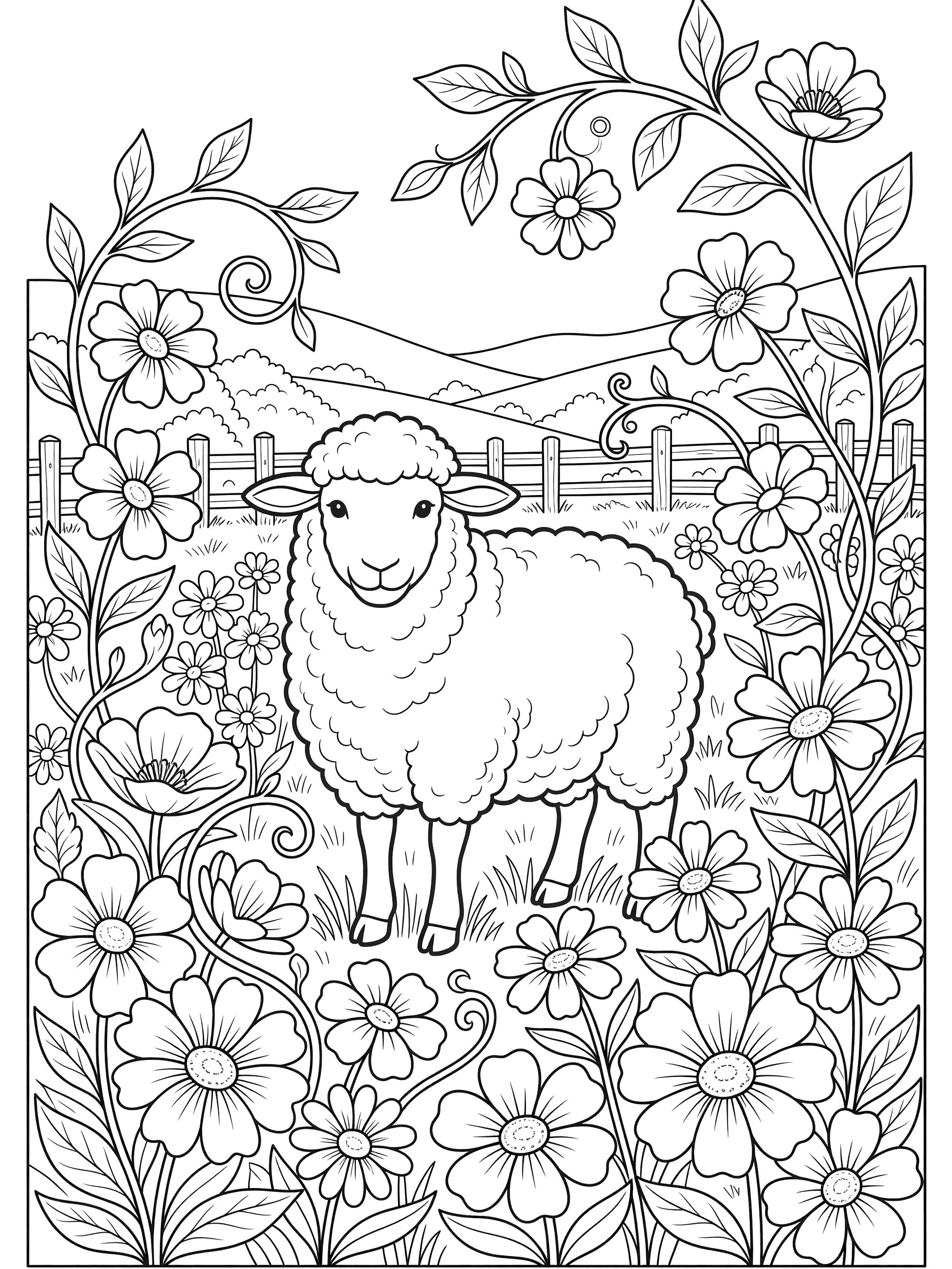 Black and white line art coloring page showing a fluffy sheep next to a wooden fence surrounded by blooming flowers and curly vines.