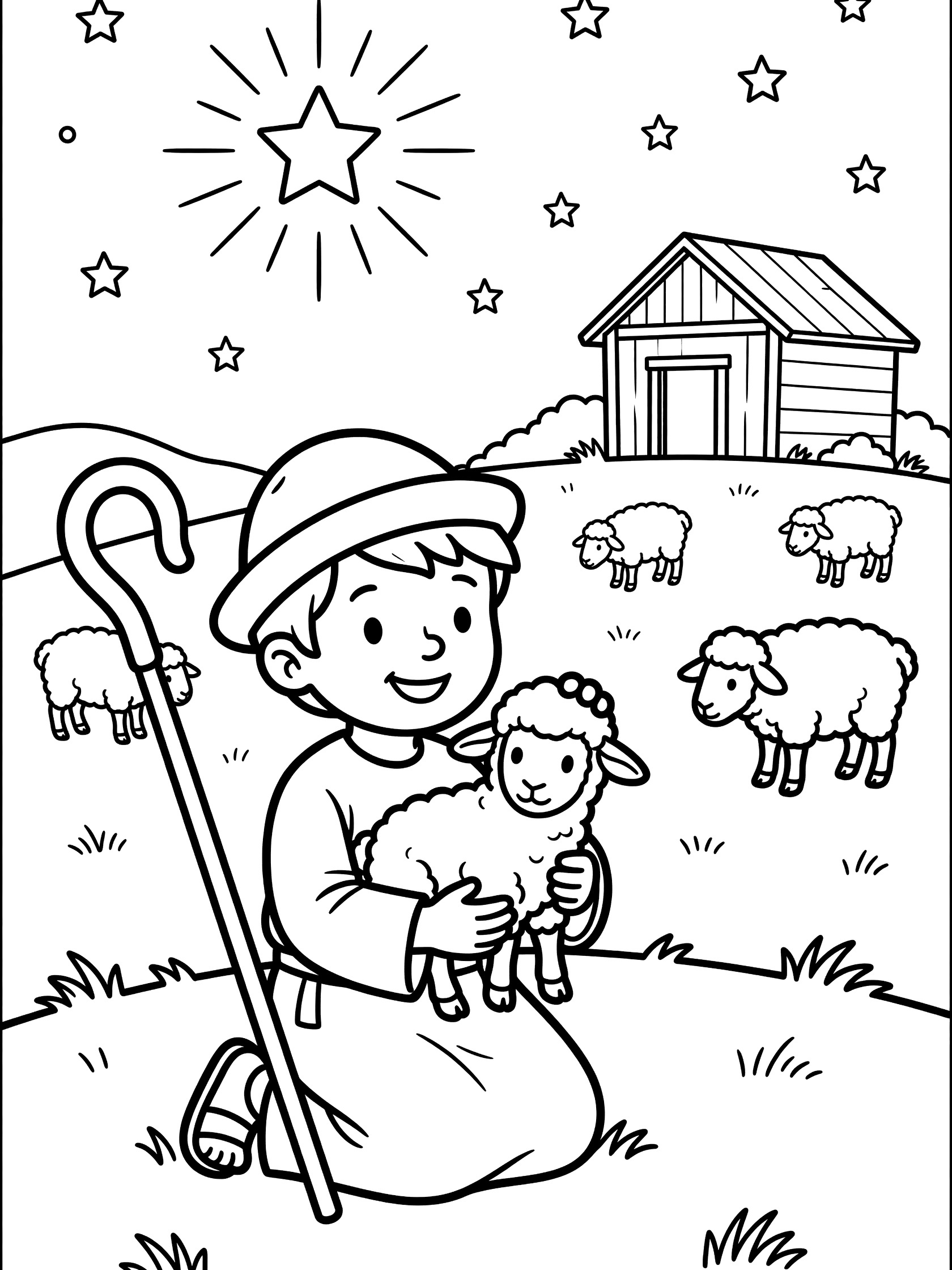 Cute cartoon shepherd boy in robe and hat cradling a lamb while smiling, with crook, sheep, grassy hill, stable, and starry sky with big guiding star - Christmas coloring page line art.