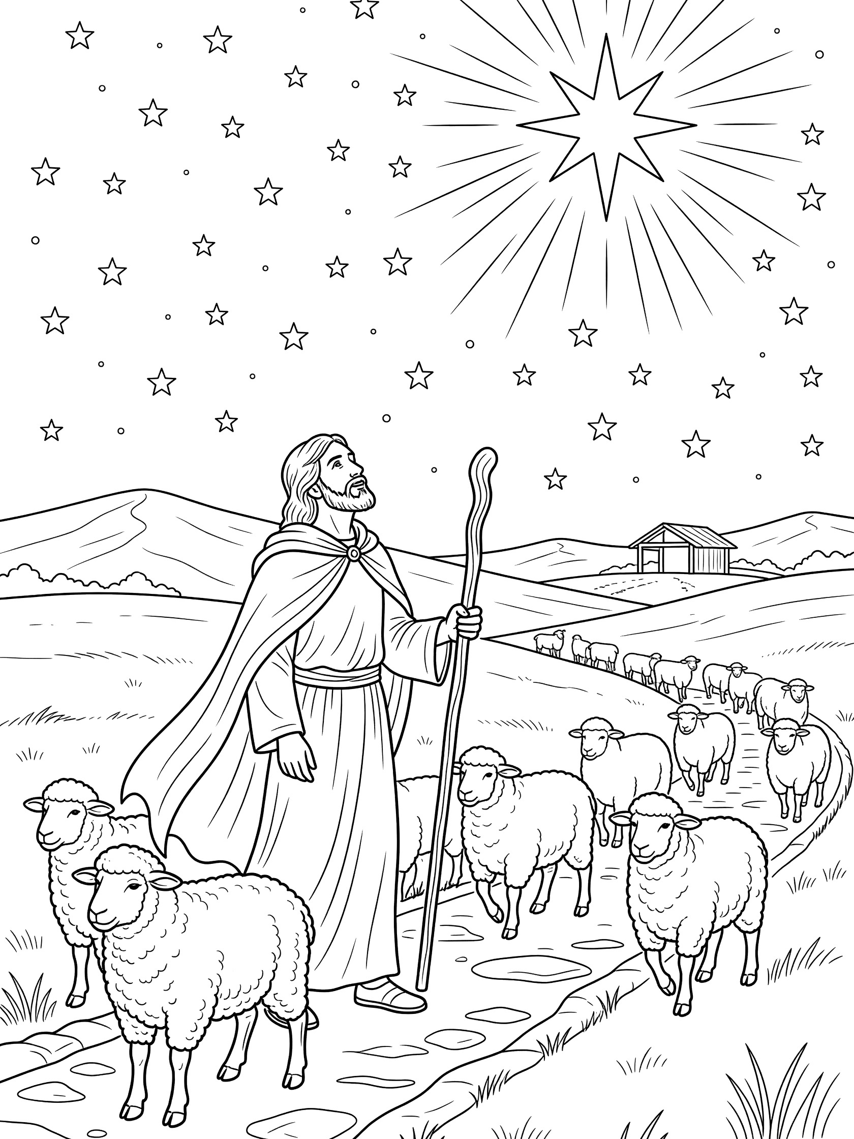 Black and white line art coloring page showing a shepherd gazing at a large radiant star, leading sheep along a path through starry night hills to a stable silhouette.