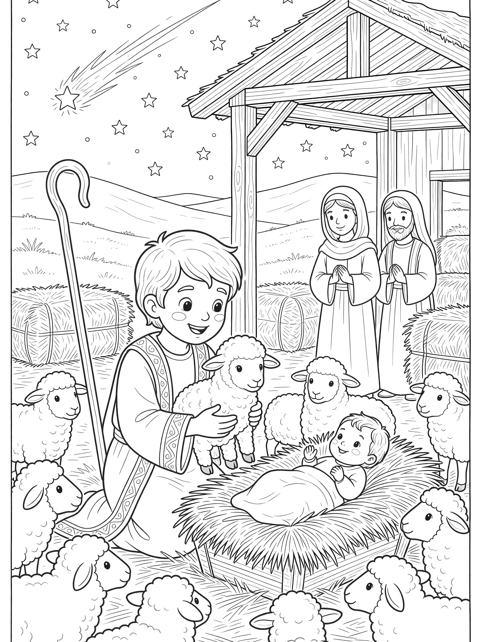 Black and white line art coloring page showing a cute cartoon shepherd offering a baby lamb as a gift to smiling baby Jesus in a manger, with Mary and Joseph, sheep, stable, stars, and hills.