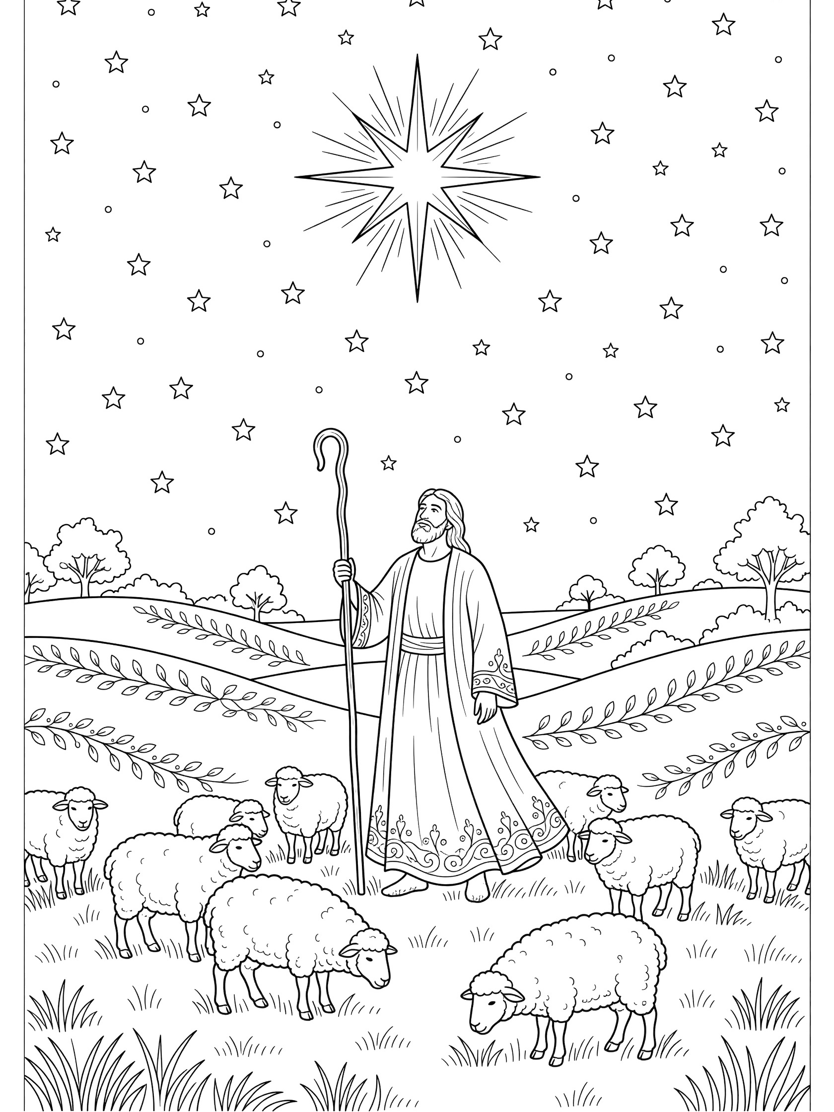 Black and white line art coloring page showing a shepherd in a flowing robe holding a crook staff on a hilltop, surrounded by fluffy sheep grazing, with rolling hills, trees, starry sky, and large radiant Christmas star above.