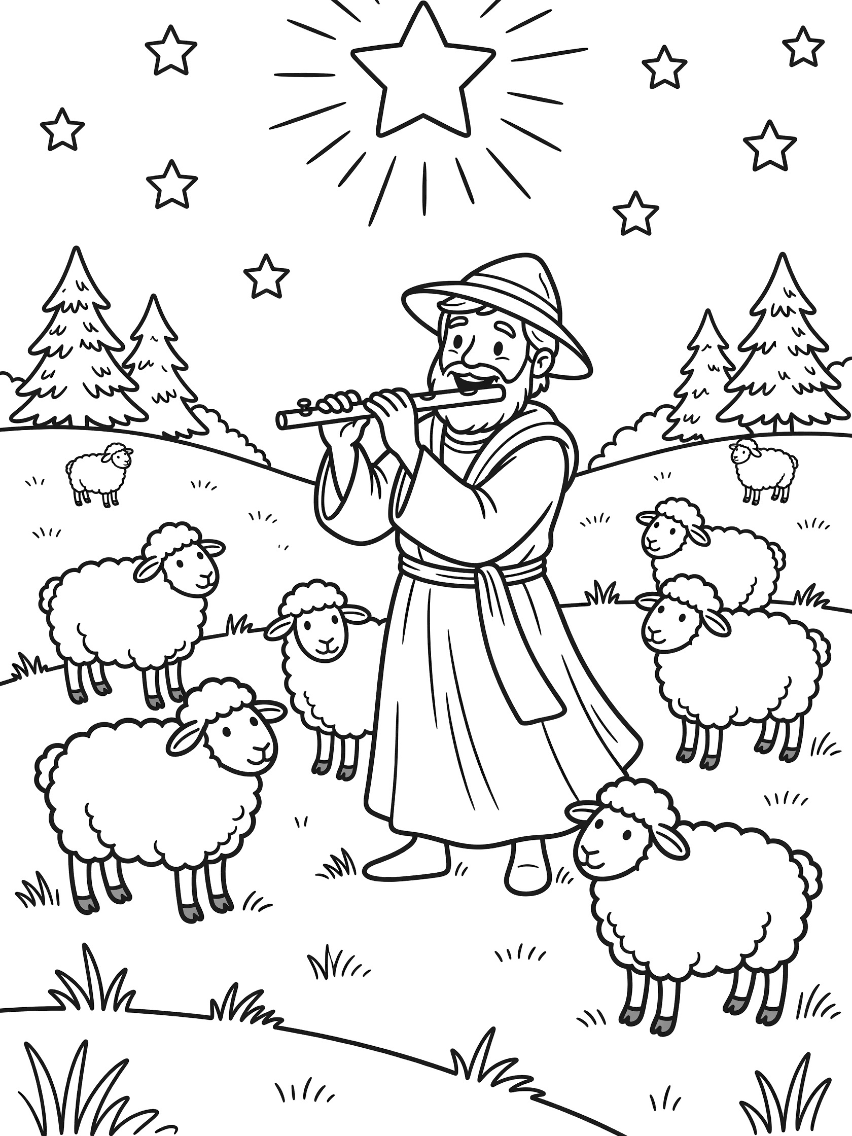 Black and white line art coloring page showing a shepherd in a robe and hat playing a flute, surrounded by sheep on a grassy hill with pine trees, stars, and a bright star in the sky.