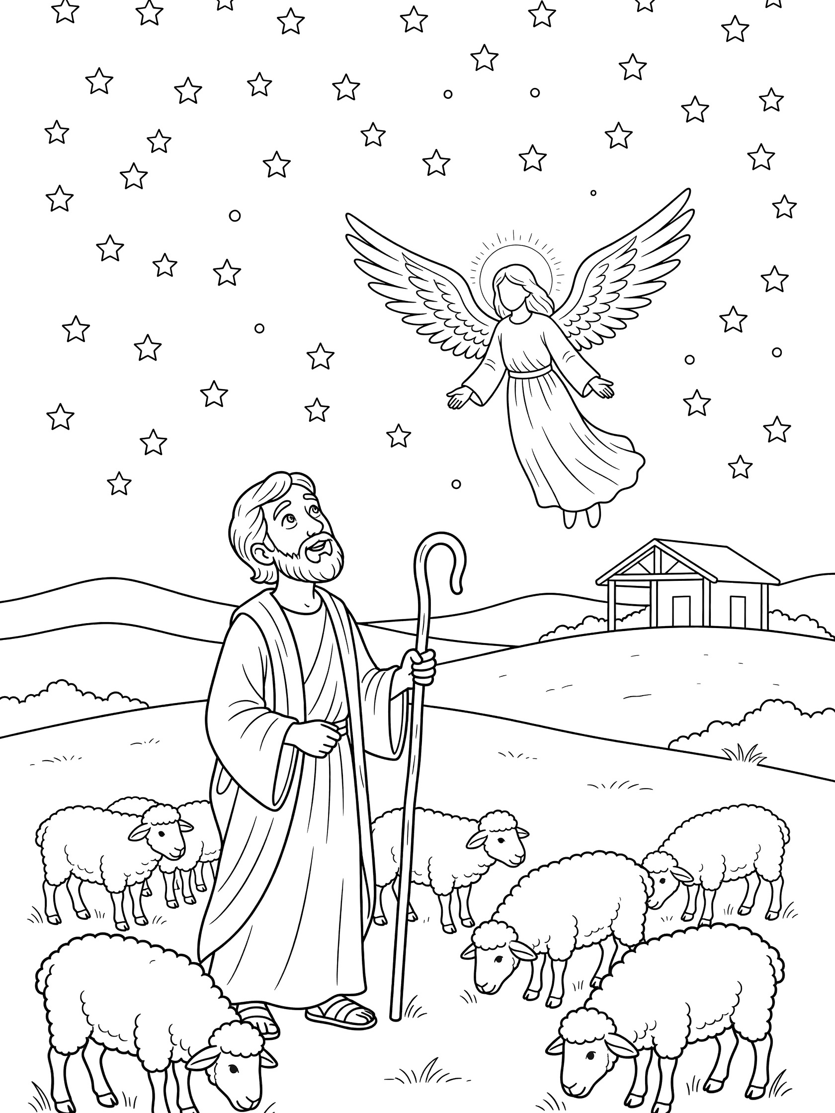 Black and white coloring page showing a shepherd with a staff gazing at a winged angel above, surrounded by sheep on a hillside near Bethlehem stable under stars.