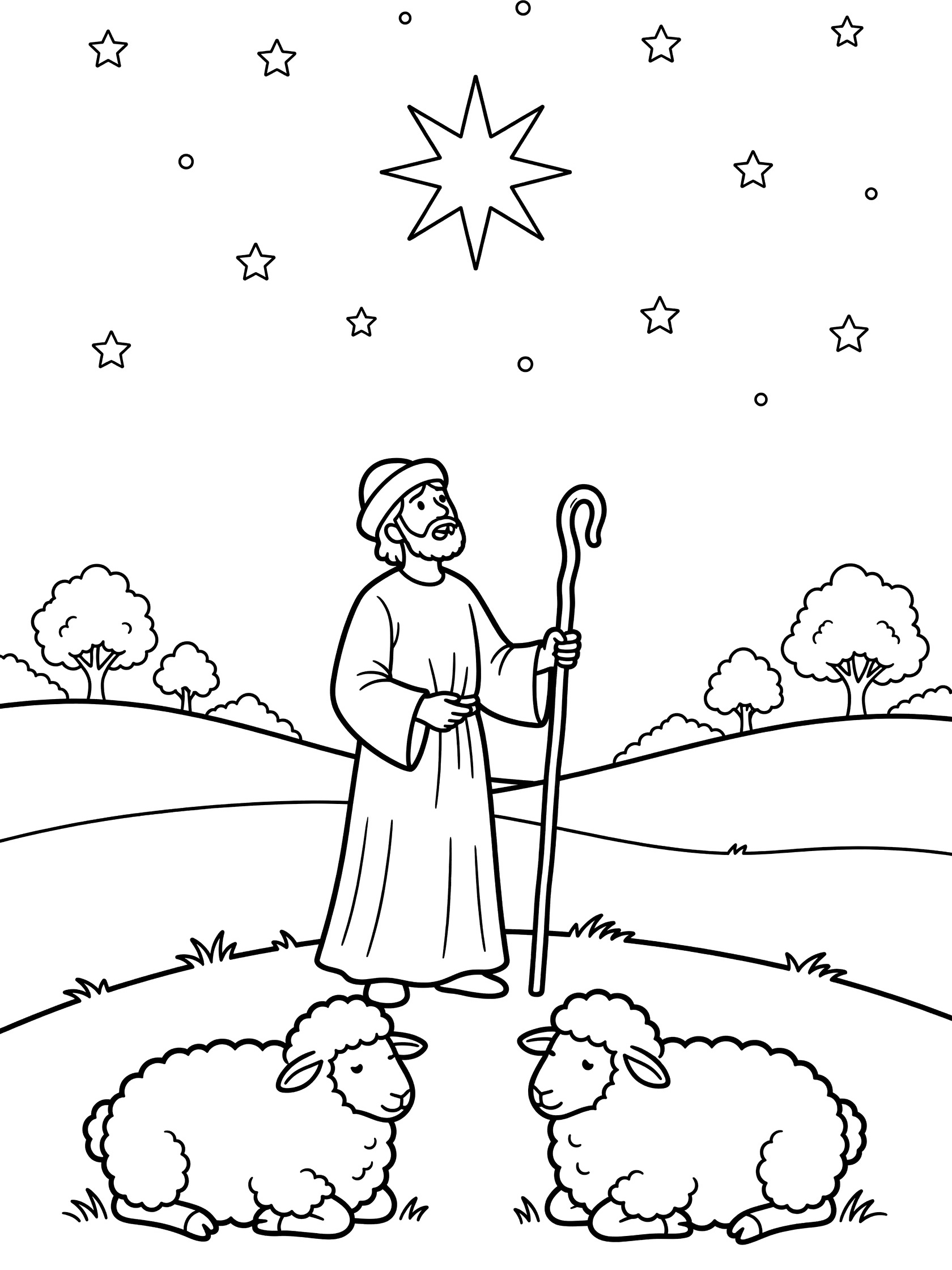 Black and white coloring page showing a shepherd holding a staff, looking up at a large bright star in the starry sky, with two sheep on the grass and hills in the background.