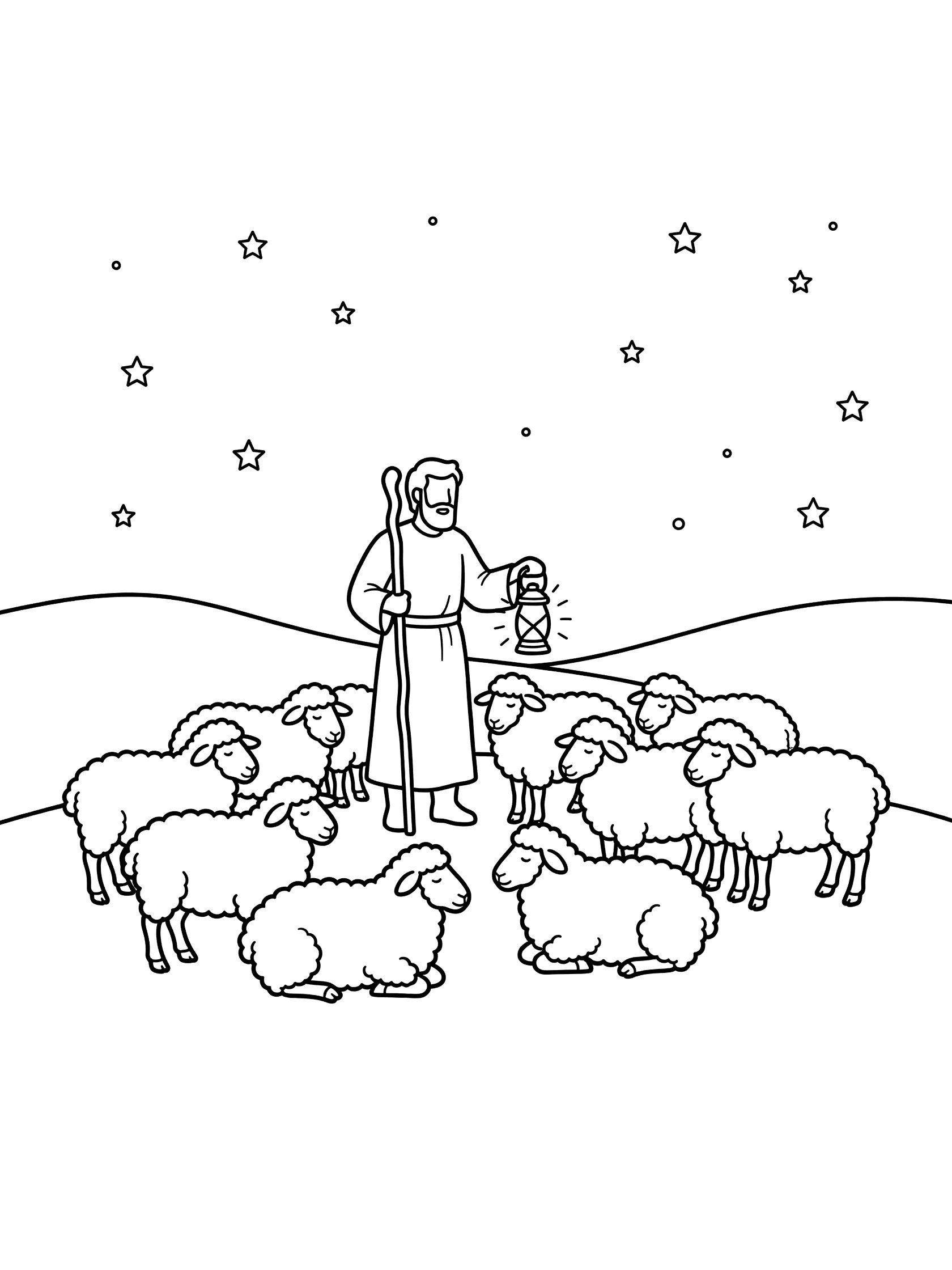 Black and white line art coloring page showing a shepherd standing with fluffy sheep around him at night, holding a staff and lantern, stars in the sky.