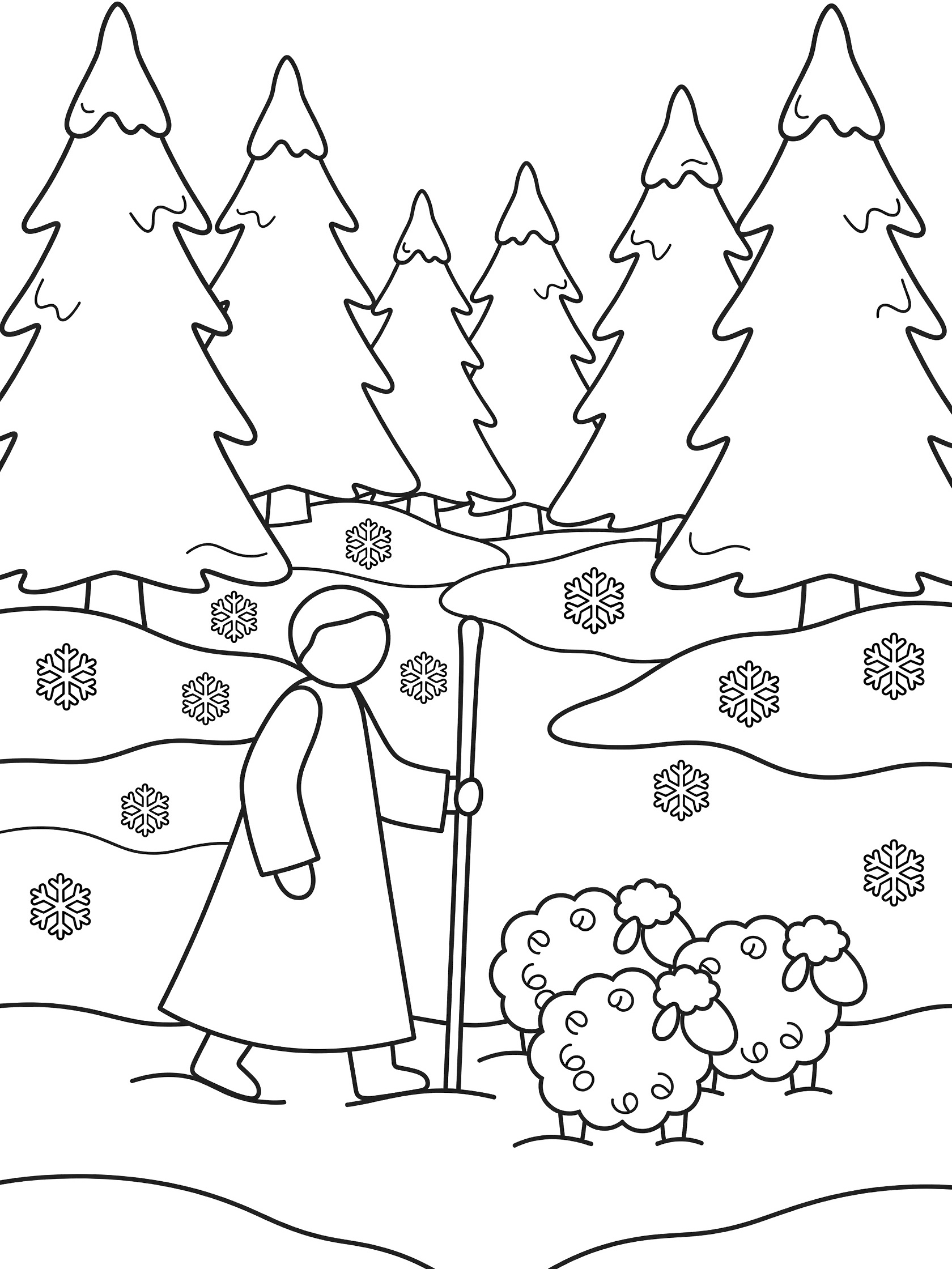 Black and white line art coloring page showing a shepherd in a robe holding a staff, leading two sheep through snowy woods with pine trees and snowflakes.