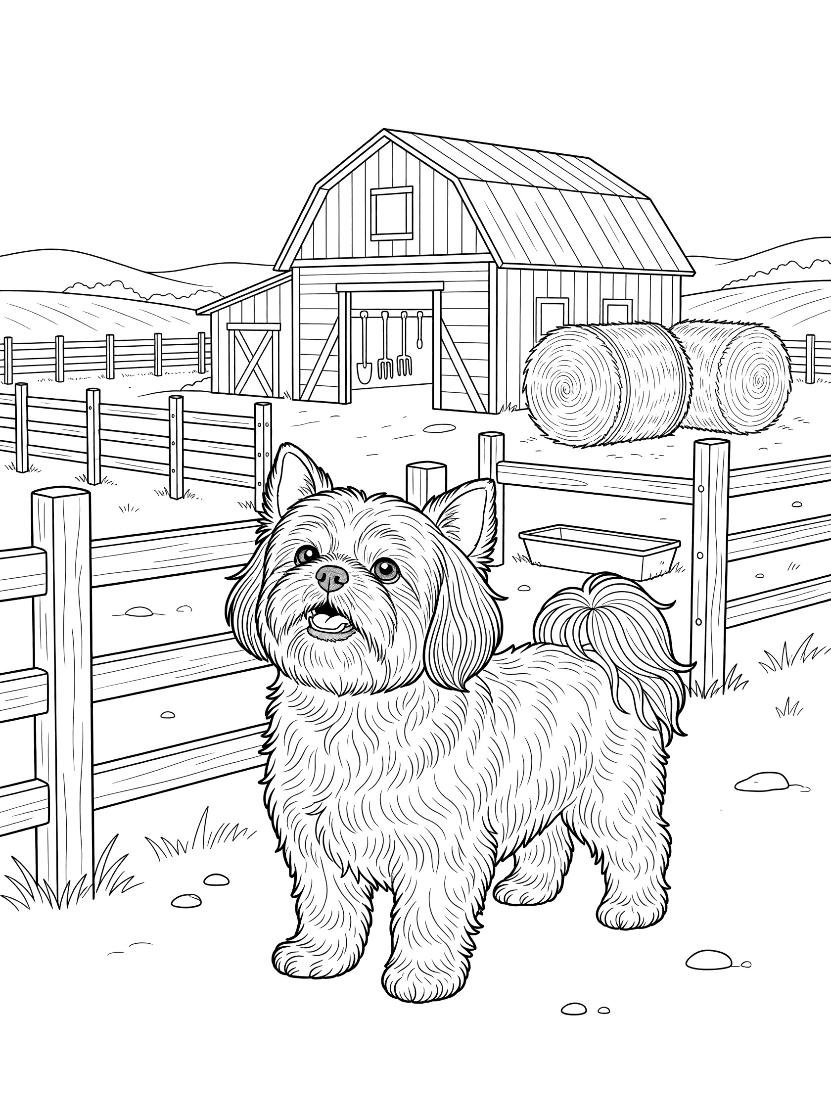 Black and white line art coloring page showing a fluffy Shih Tzu dog looking up near a wooden farm barn, split rail fence, hay bales, and grass.