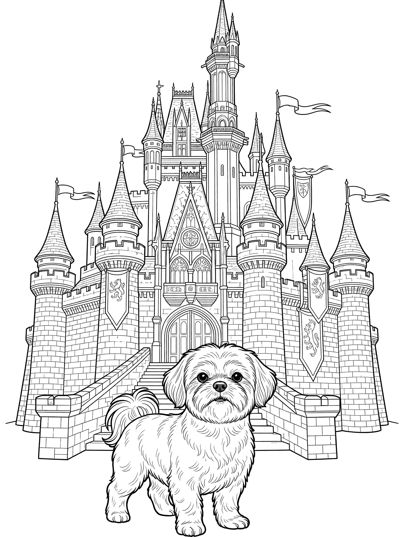 Black line art coloring page showing a small Shih Tzu dog with fluffy fur standing at the base of a large fairy tale castle with pointy towers, stone walls, arched windows, and waving flags.