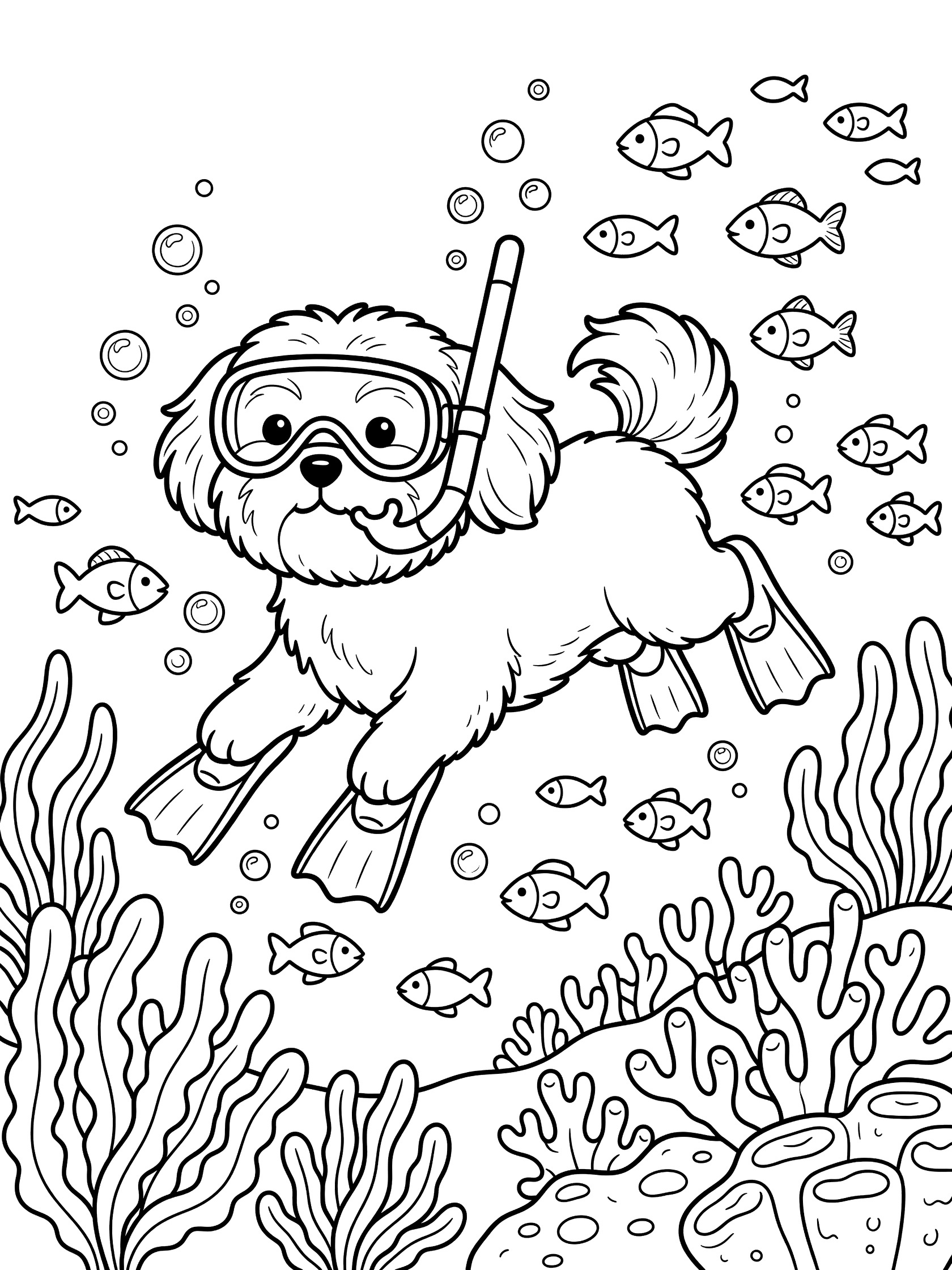 Line art coloring page showing a Shih Tzu puppy wearing snorkel goggles and flippers, swimming underwater with fish, bubbles, seaweed and corals