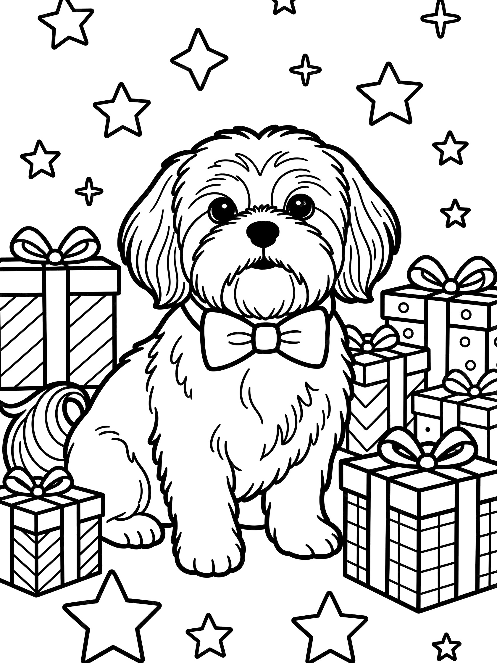 Black and white line art coloring page showing a Shih Tzu dog with bow tie surrounded by wrapped Christmas gifts and holiday stars.