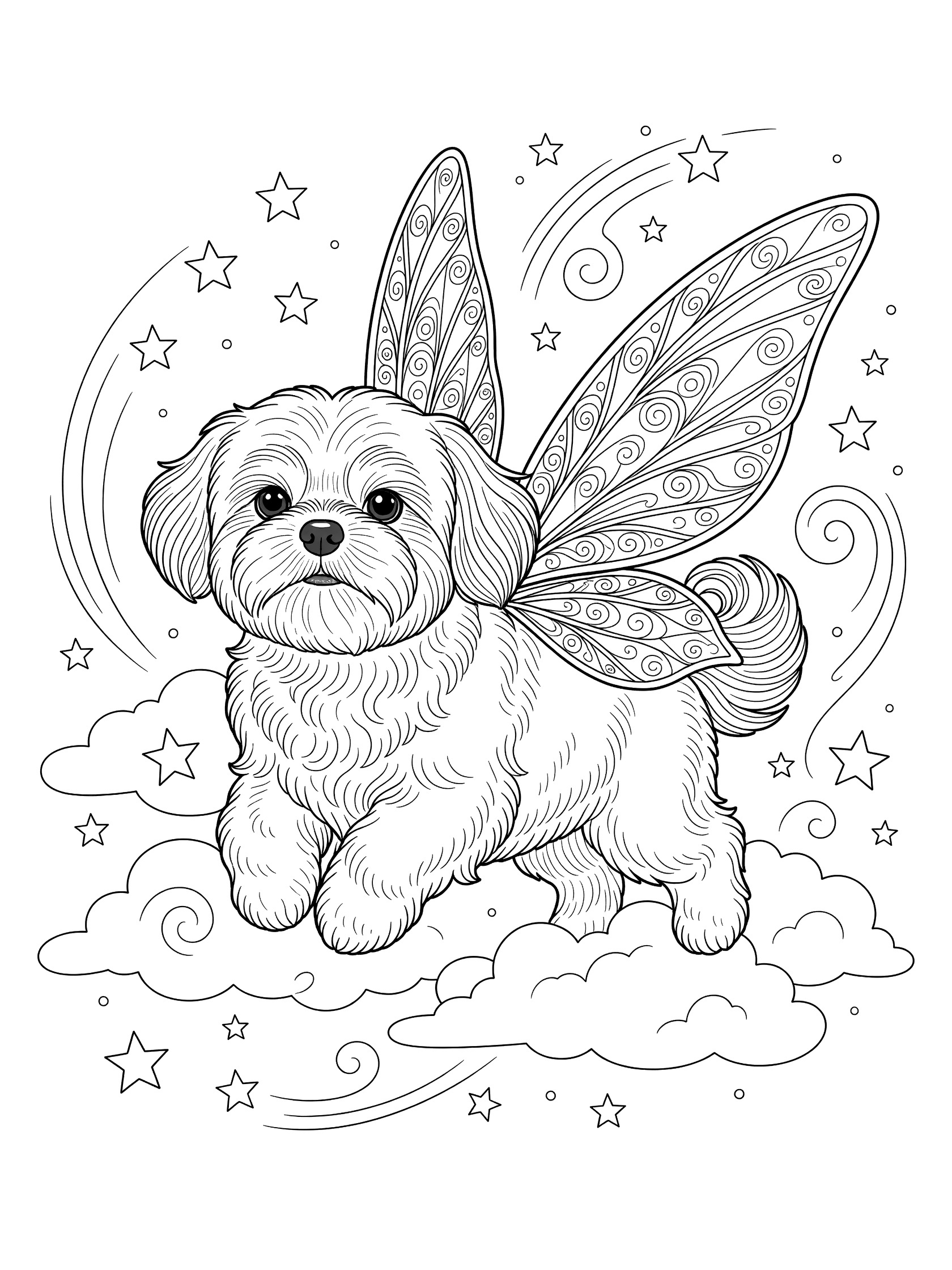 Black and white line art of a fluffy Shih Tzu dog with large detailed fairy wings, surrounded by clouds, stars, and swirls.