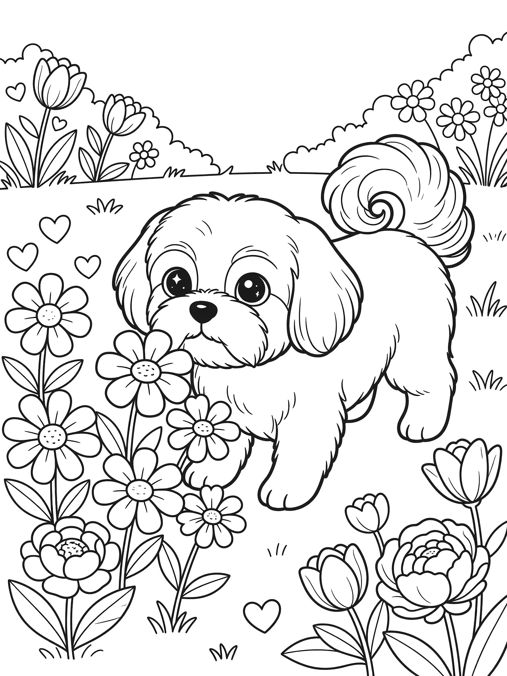 Black and white coloring page of a Shih Tzu puppy smelling flowers surrounded by tulips, daisies, peonies, and hearts in a garden