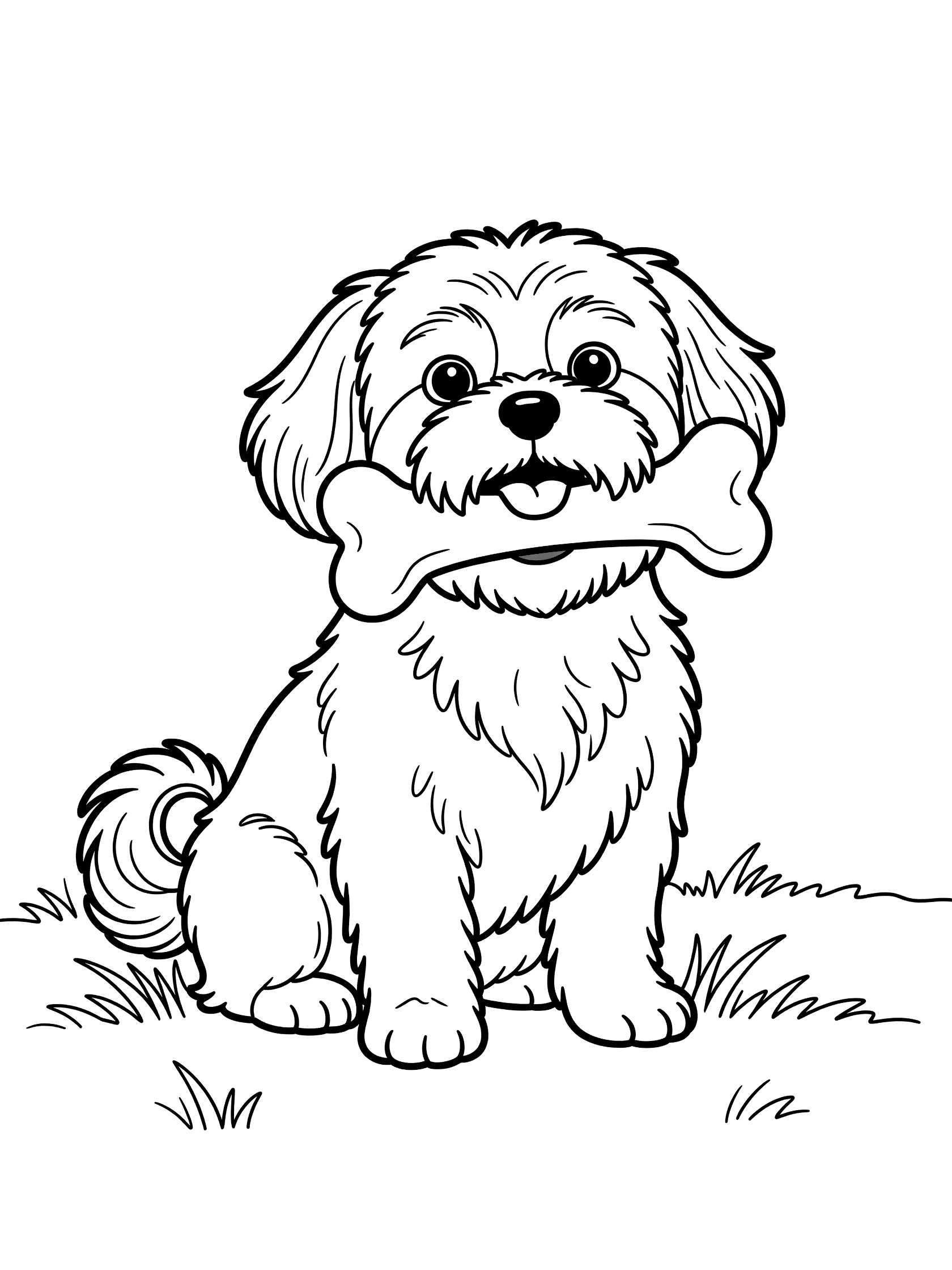 Black and white coloring page of a fluffy Shih Tzu puppy sitting on grass holding a large bone in its mouth
