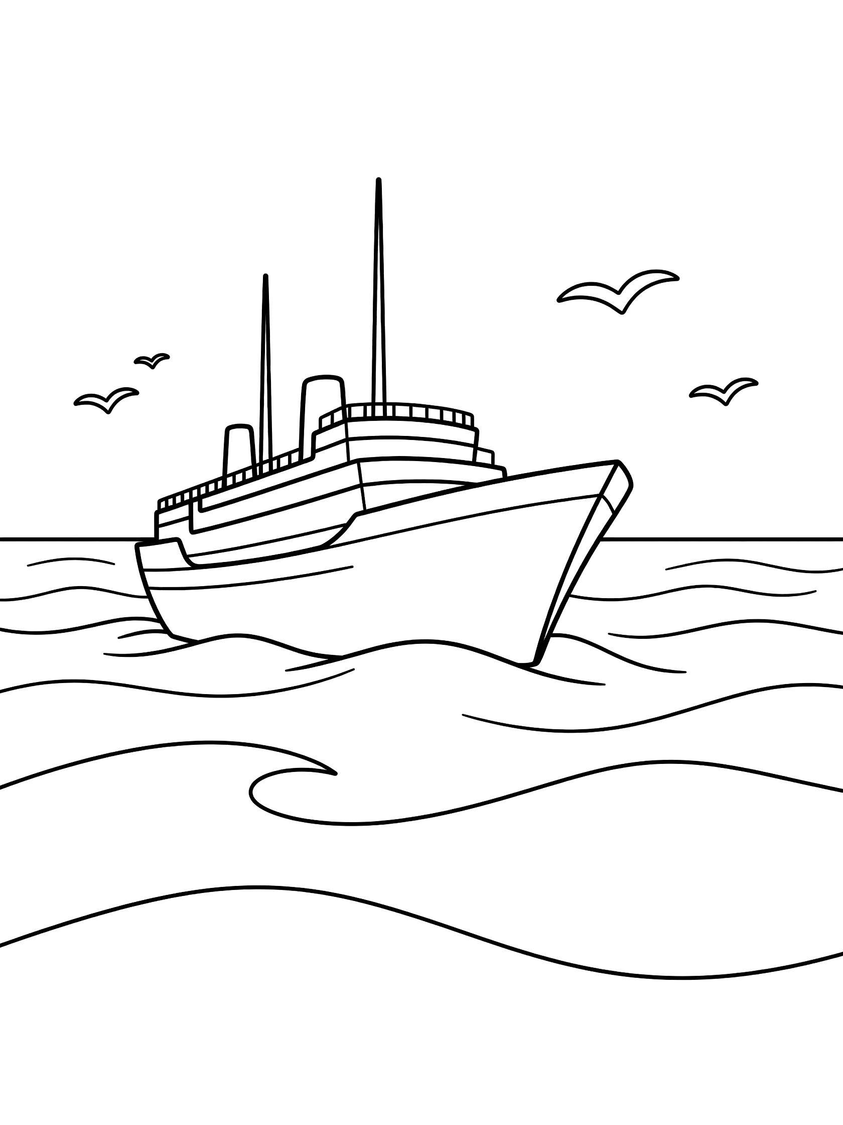 Black and white line art coloring page showing a tall-masted cruiser ship on wavy ocean water with flying sea birds around it.