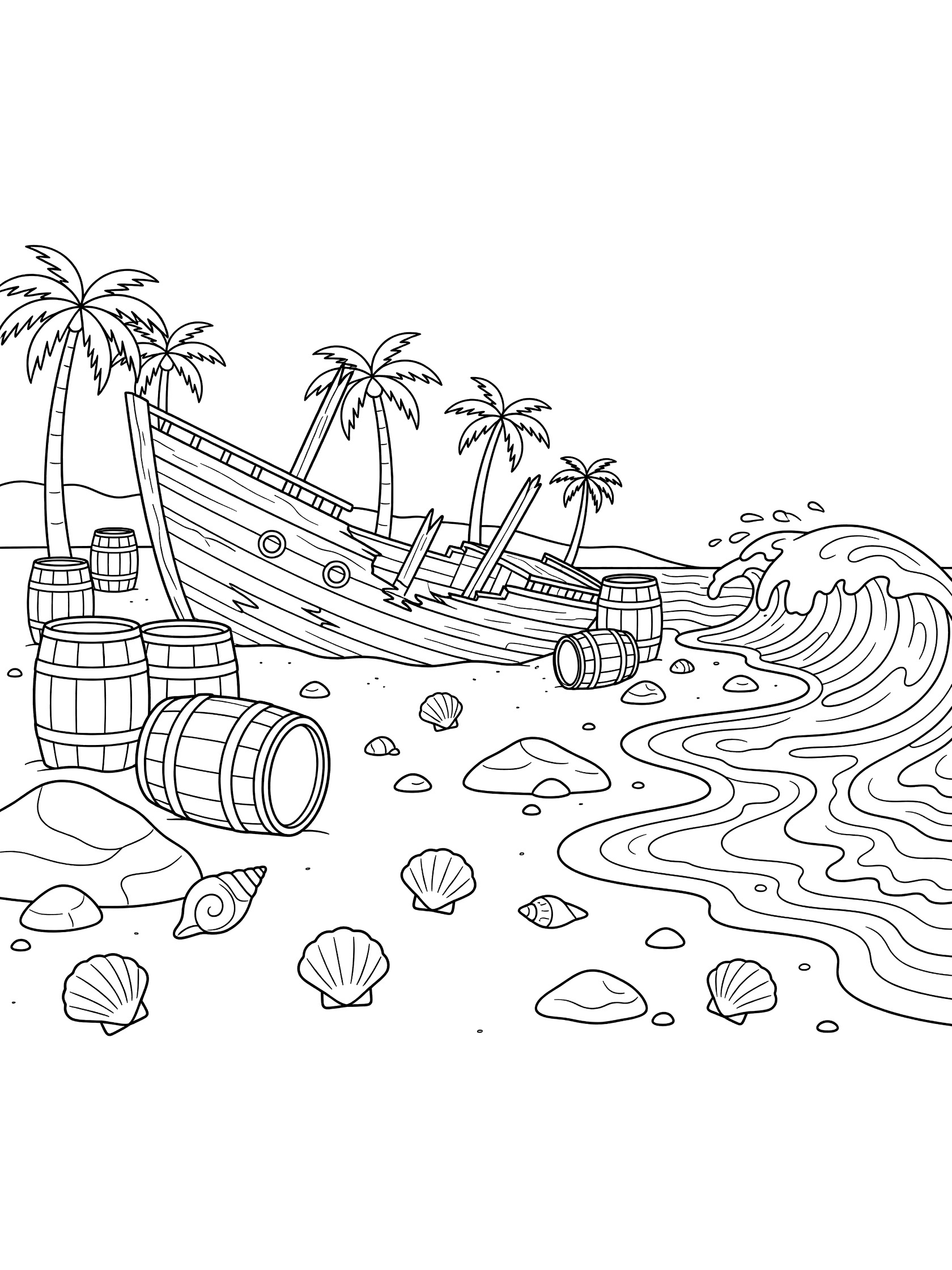 Black and white line art of a tilted wooden shipwreck on sandy beach with scattered barrels, palm trees, crashing waves, rocks, and seashells. Desert Islands themed black and white printable line art